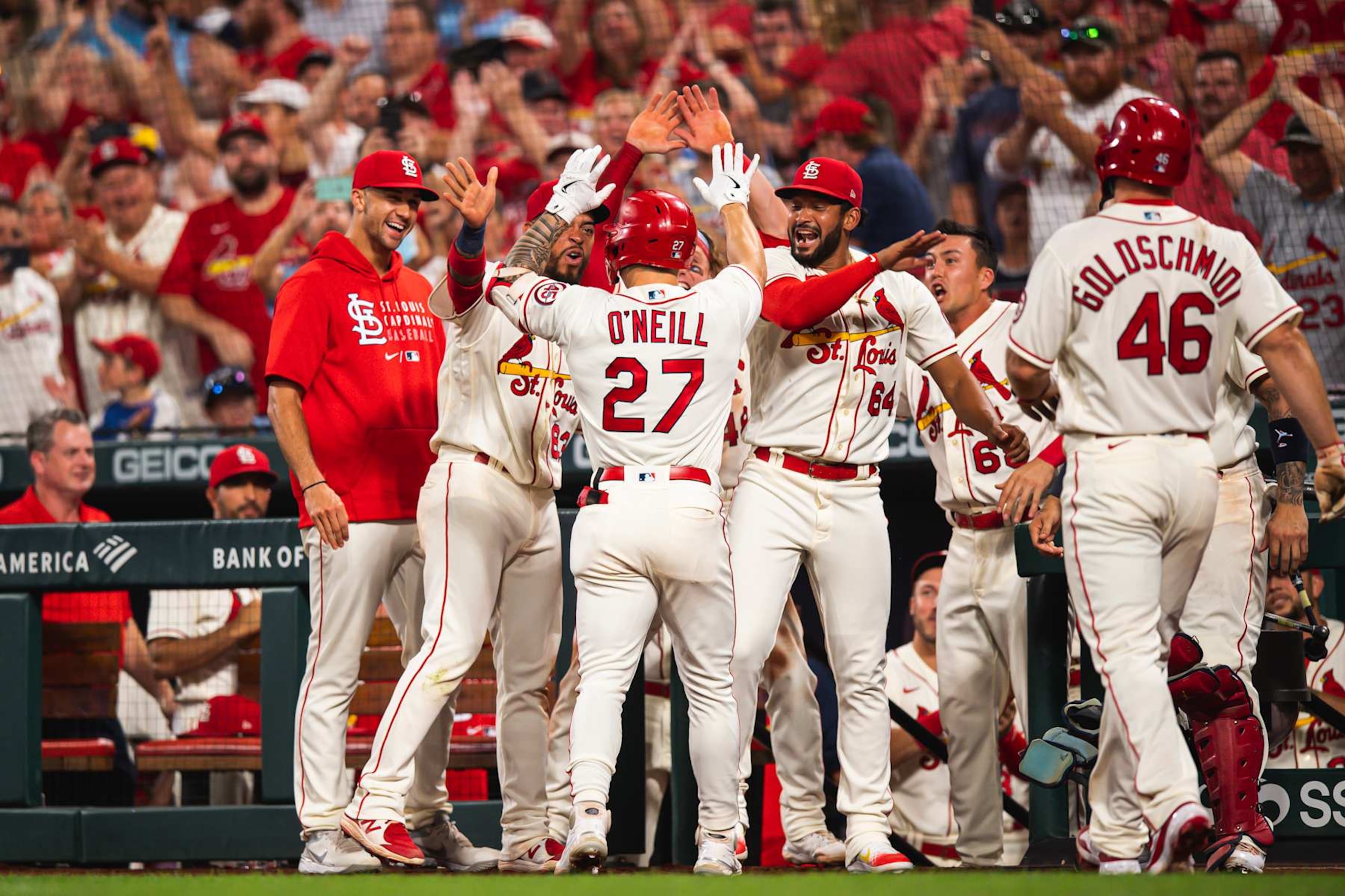 ST. LOUIS, MO - SEPTEMBER 18: Tyler O'Neill #27 of the St. Louis Cardinals celebrates after hitting a home run in the eighth inning against the San Diego Padres at Busch Stadium on September 18, 2021 in St. Louis, Missouri. (Photo by Matt Thomas/San Diego Padres/Getty Images) ST. LOUIS, MO - SEPTEMBER 18: Tyler O'Neill #27 of the St. Louis Cardinals celebrates after hitting a home run in the eighth inning against the San Diego Padres at Busch Stadium on September 18, 2021 in St. Louis, Missouri. (Photo by Matt Thomas/San Diego Padres/Getty Images)