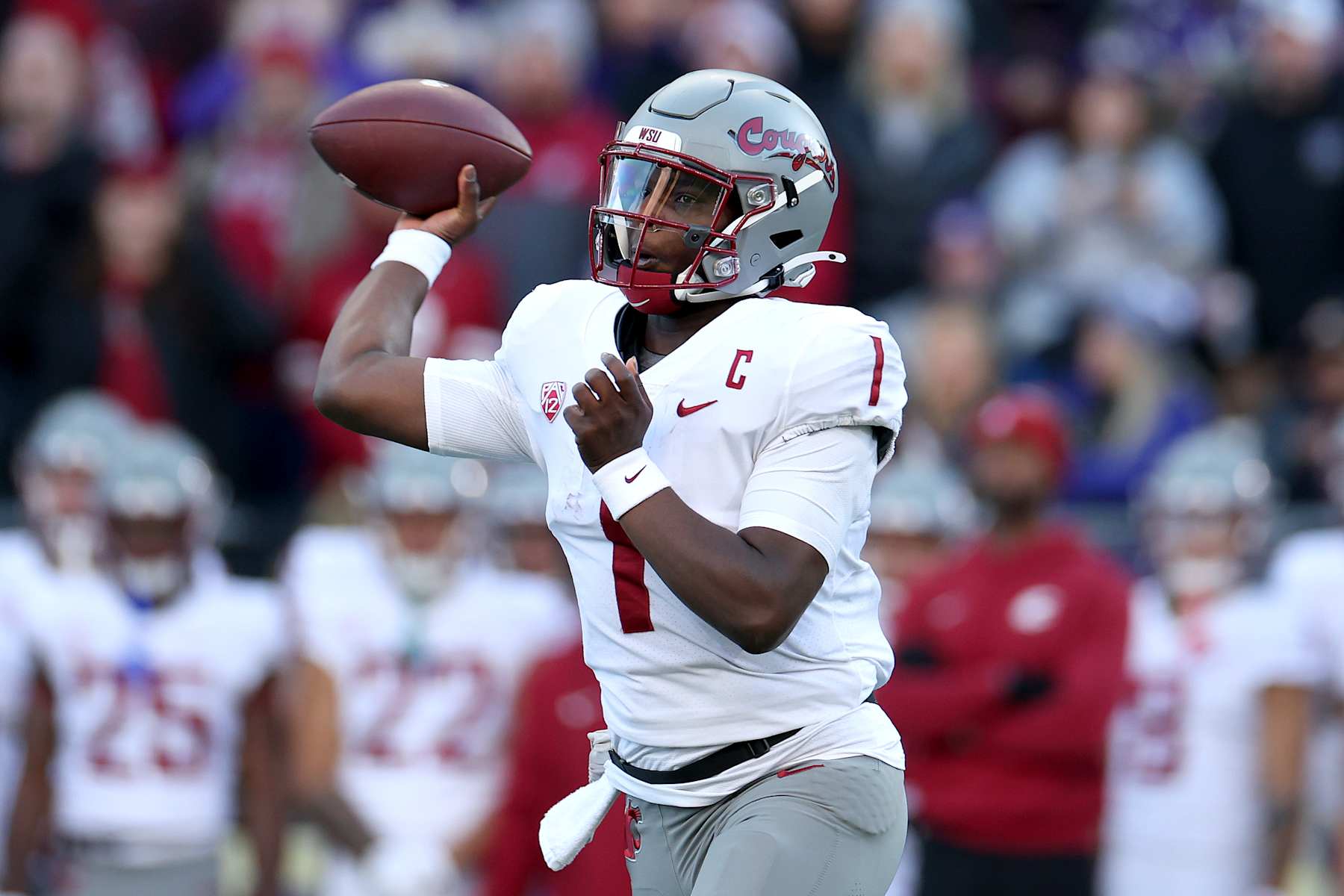 SEATTLE, WASHINGTON - NOVEMBER 25: Cameron Ward #1 of the Washington State Cougars passes during the first quarter against the Washington Huskies at Husky Stadium on November 25, 2023 in Seattle, Washington. (Photo by Steph Chambers/Getty Images)