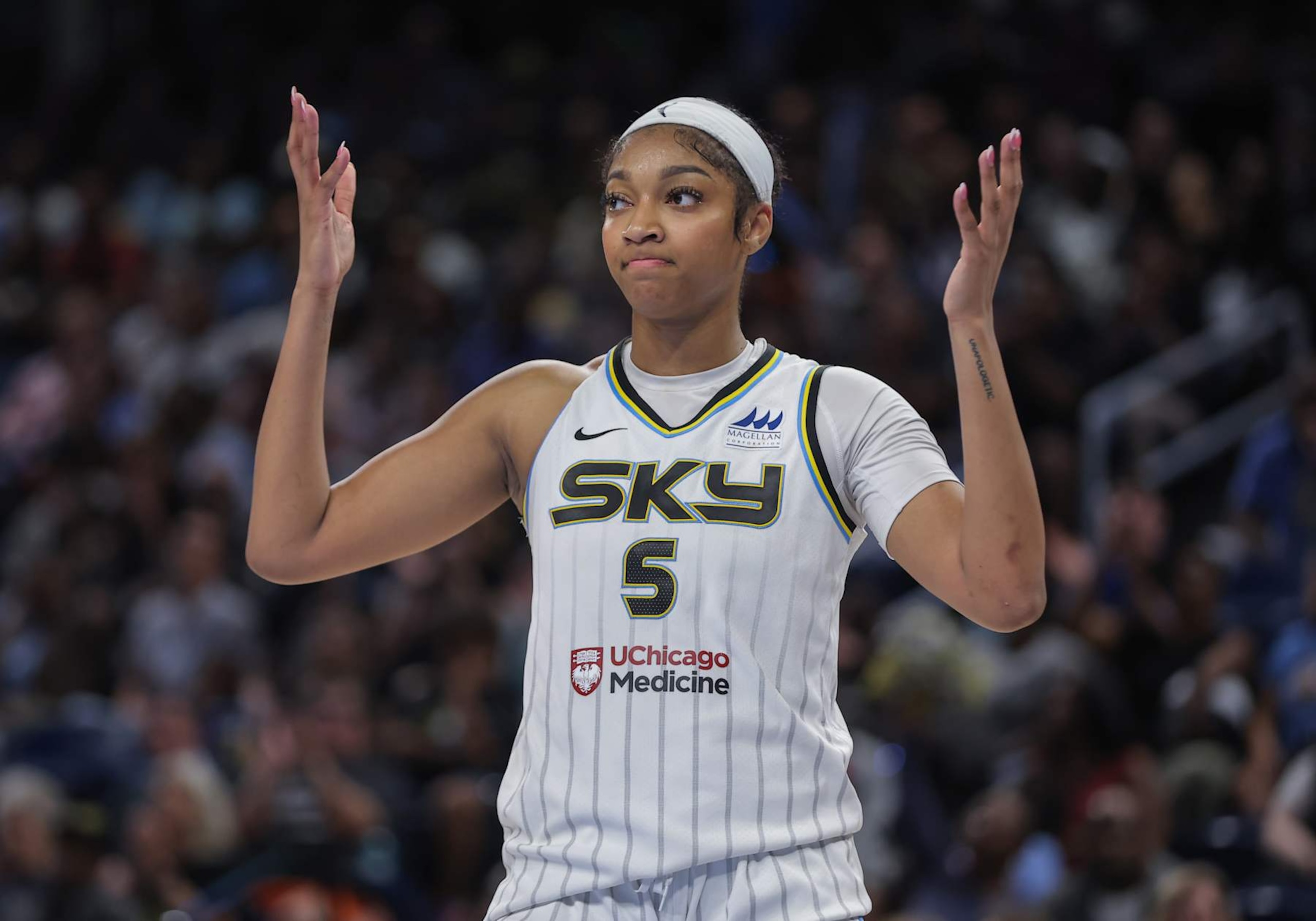 CHICAGO, IL - AUGUST 28: Angel Reese #5 of the Chicago Sky reacts during the second half of a WNBA game against the Washington Mystics on August 28, 2024 at Wintrust Arena in Chicago, Illinois. (Photo by Melissa Tamez/Icon Sportswire via Getty Images)