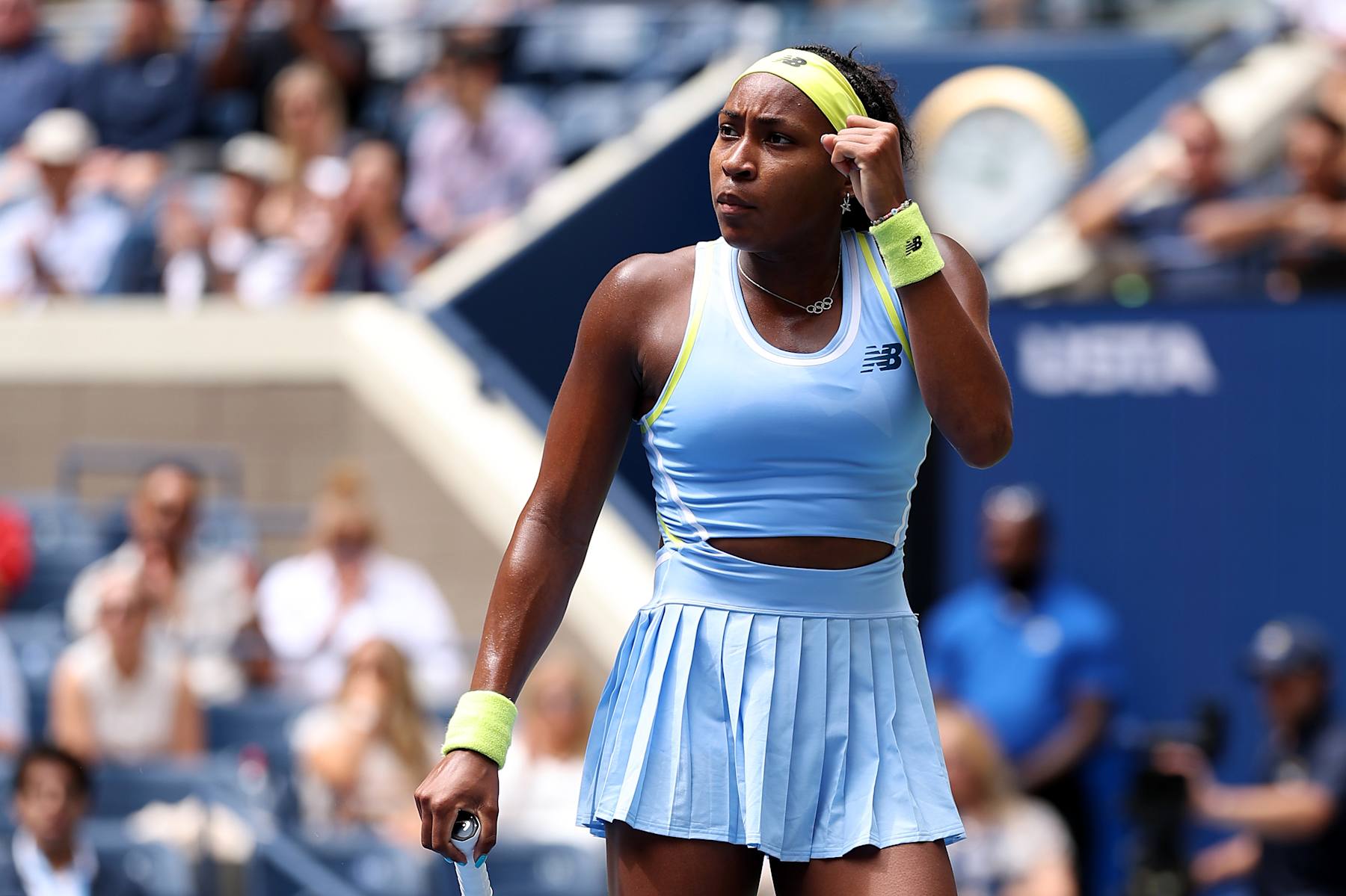 NEW YORK, NEW YORK - AUGUST 30: Coco Gauff of the United States celebrates a point against Elina Svitolina of Ukraine during their Women's Singles Third Round match on Day Five of the 2024 US Open at USTA Billie Jean King National Tennis Center on August 30, 2024 in the Flushing neighborhood of the Queens borough of New York City. (Photo by Jamie Squire/Getty Images)