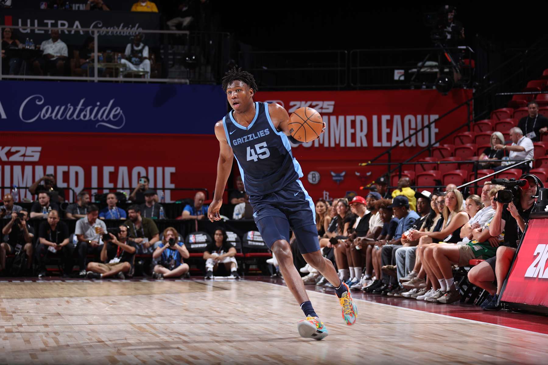 LAS VEGAS, NV - JULY 22: GG Jackson II #45 of the Memphis Grizzlies handles the ball during the game against the Miami Heat on July 22, 2024 at the Thomas & Mack Center in Las Vegas, Nevada. NOTE TO USER: User expressly acknowledges and agrees that, by downloading and or using this photograph, User is consenting to the terms and conditions of the Getty Images License Agreement. Mandatory Copyright Notice: Copyright 2024 NBAE (Photo by Stephen Gosling/NBAE via Getty Images)