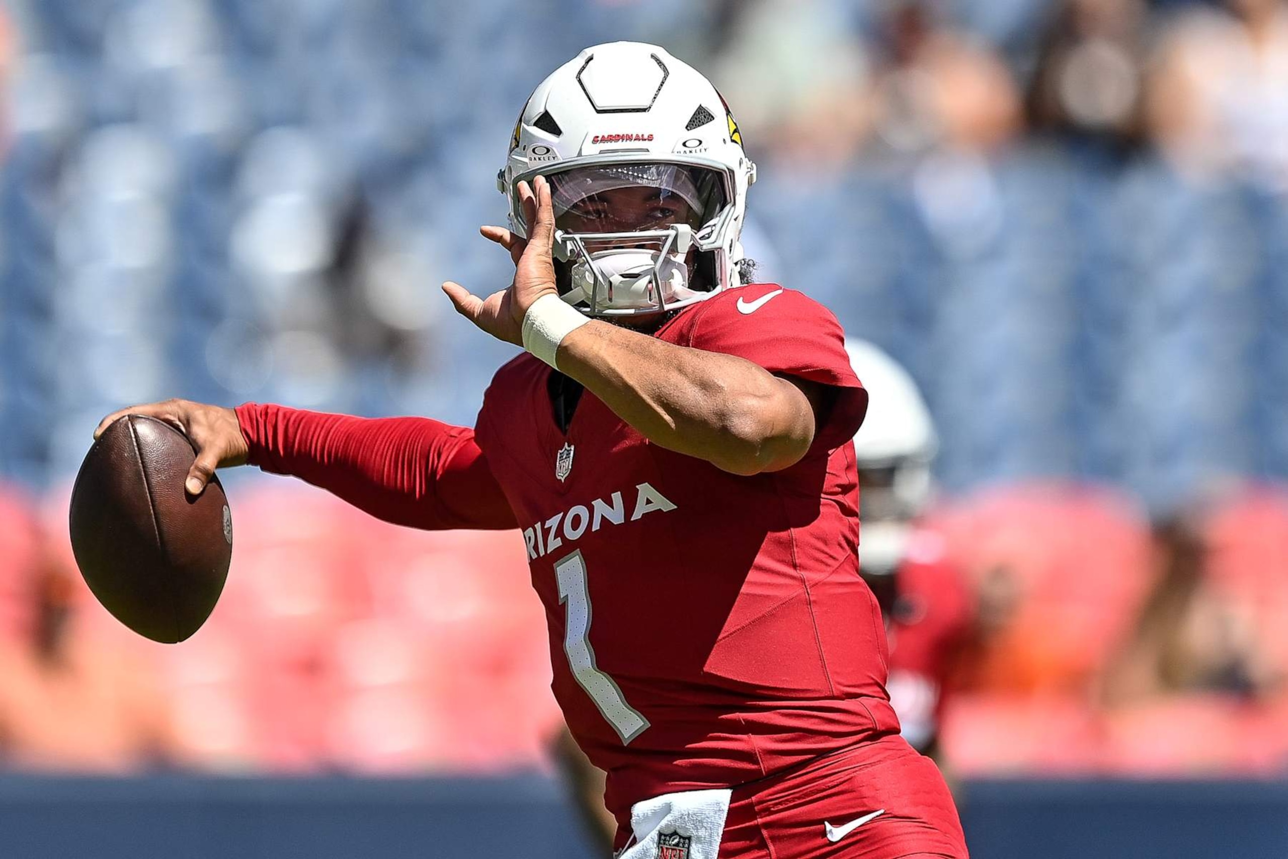 DENVER, COLORADO - AUGUST 25:  Kyler Murray #1 of the Arizona Cardinals warms up before the preseason game against the Denver Broncos at Empower Field at Mile High on August 25, 2024 in Denver, Colorado. (Photo by Dustin Bradford/Getty Images)