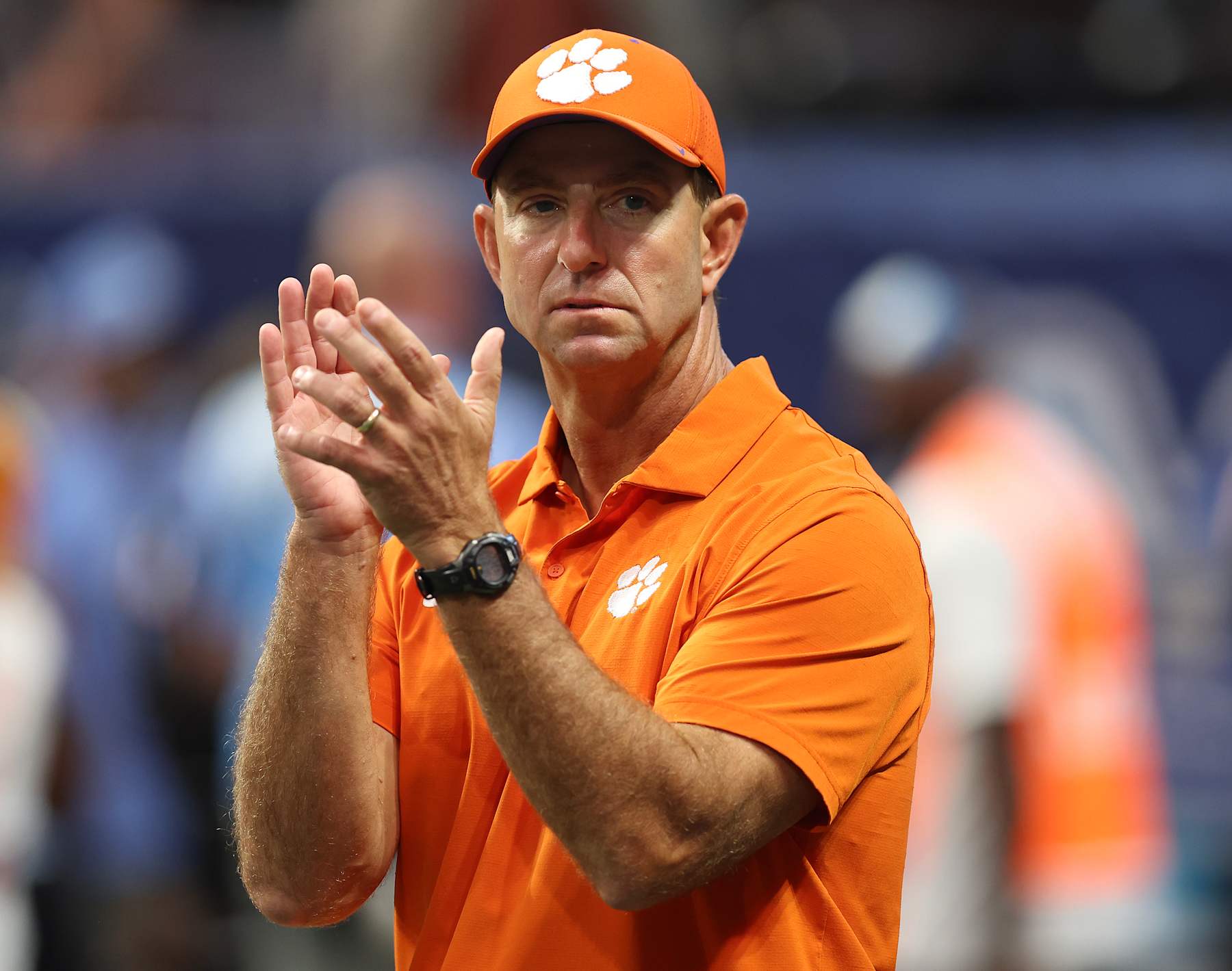 ATLANTA, GEORGIA - AUGUST 31: Head coach Dabo Swinney of the Clemson Tigers claps before the game during the Aflac Kickoff Game against the Georgia Bulldogs the Clemson Tigers at Mercedes Benz Stadium on August 31, 2024 in Atlanta, Georgia. (Photo by Mike Zarrilli/Getty Images)