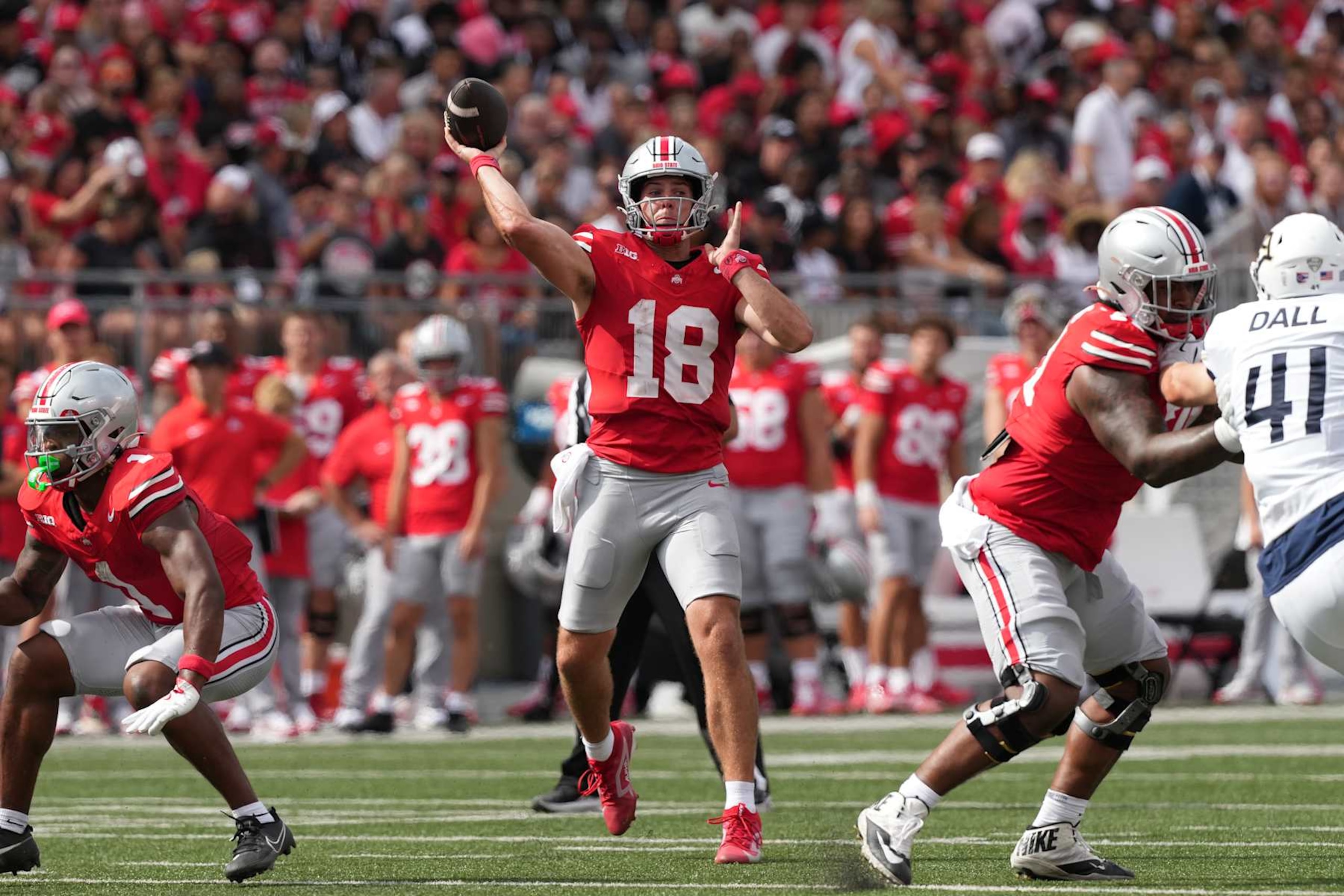 COLUMBUS, OHIO - AUGUST 31: Quarterback Will Howard #18 of the Ohio State Buckeyes passes the ball during the first quarter against the Akron Zips at Ohio Stadium on August 31, 2024 in Columbus, Ohio. (Photo by Jason Mowry/Getty Images)