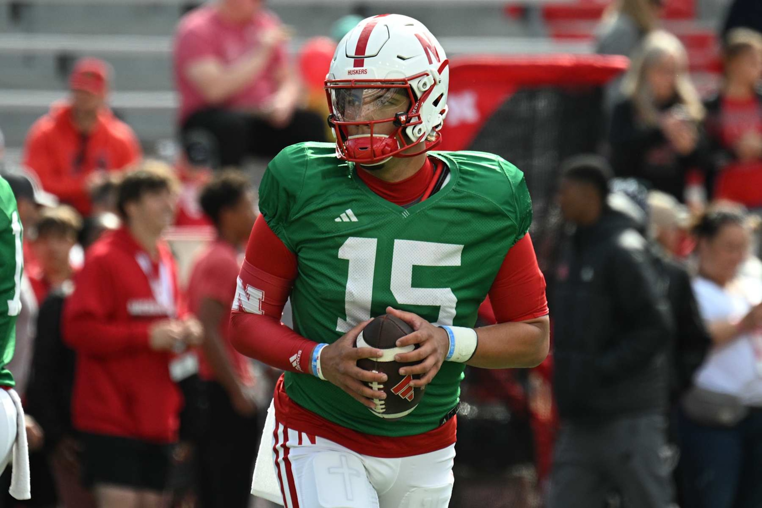 LINCOLN, NEBRASKA - APRIL 27: Dylan Raiola #15 of the Nebraska Cornhuskers warms up at the Nebraska Spring Football Game at Memorial Stadium on April 27, 2024 in Lincoln, Nebraska. (Photo by Steven Branscombe/Getty Images) LINCOLN, NEBRASKA - APRIL 27: Dylan Raiola #15 of the Nebraska Cornhuskers warms up at the Nebraska Spring Football Game at Memorial Stadium on April 27, 2024 in Lincoln, Nebraska. (Photo by Steven Branscombe/Getty Images)