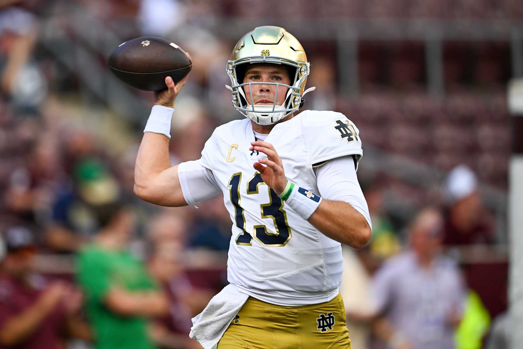 COLLEGE STATION, TEXAS - AUGUST 31: Riley Leonard #13 of the Notre Dame Fighting Irish warms up prior to the game against the Texas A&M Aggies at Kyle Field on August 31, 2024 in College Station, Texas. (Photo by Jack Gorman/Getty Images)