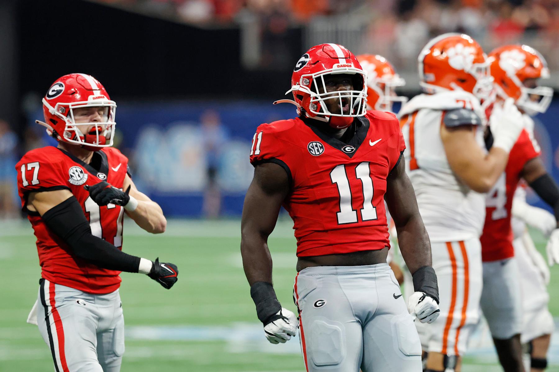 ATLANTA, GA - AUGUST 31: Georgia Bulldogs linebacker Jalon Walker (11) reacts after a sack during the AFLAC Kickoff college football game against the Clemson Tigers on August 31, 2024 at Mercedes-Benz Stadium in Atlanta, Georgia. (Photo by Joe Robbins/Icon Sportswire via Getty Images)