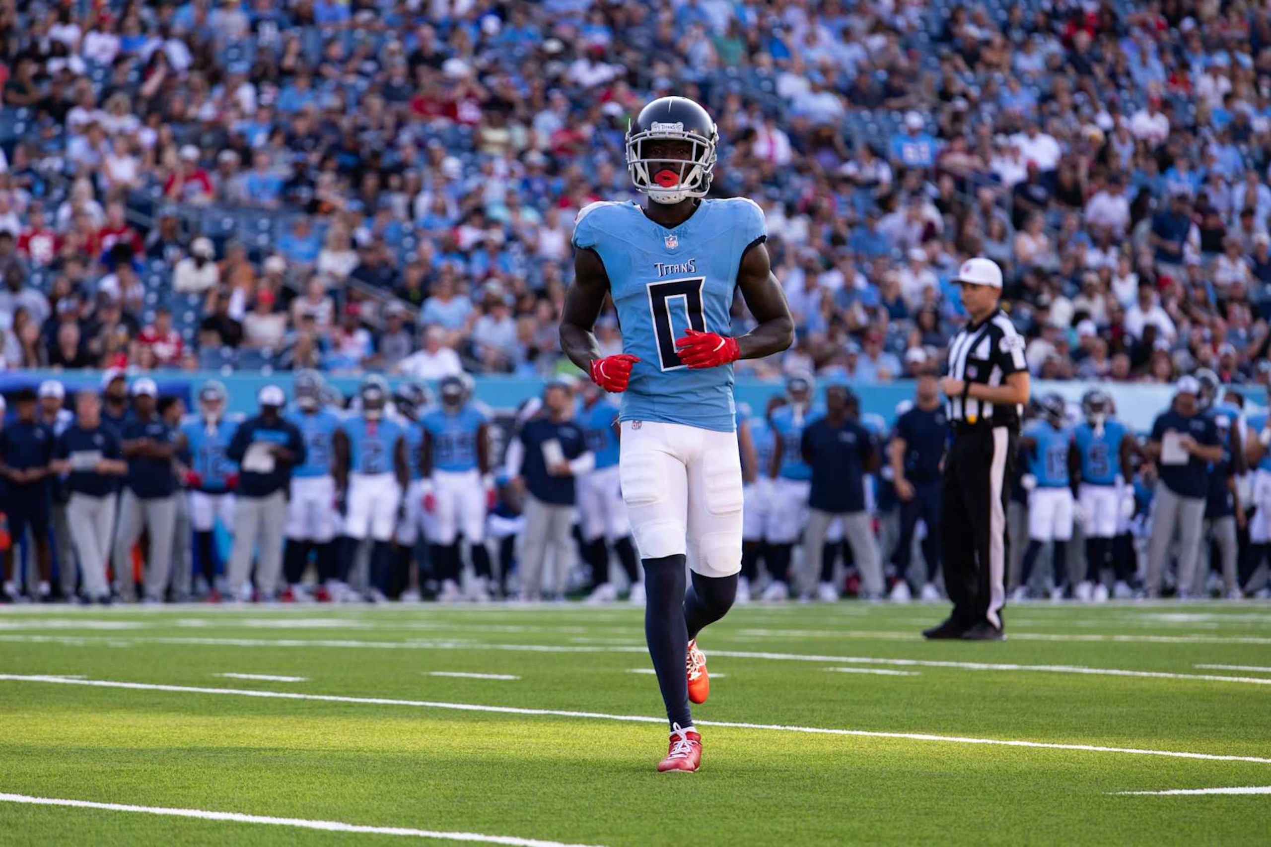 NASHVILLE, TENNESSEE - AUGUST 10: Calvin Ridley #0 of the Tennessee Titans prepares for a play during the NFL preseason game against the San Francisco 49ers at Nissan Stadium on August 10, 2024 in Nashville, Tennessee. (Photo by Kara Durrette/Getty Images)