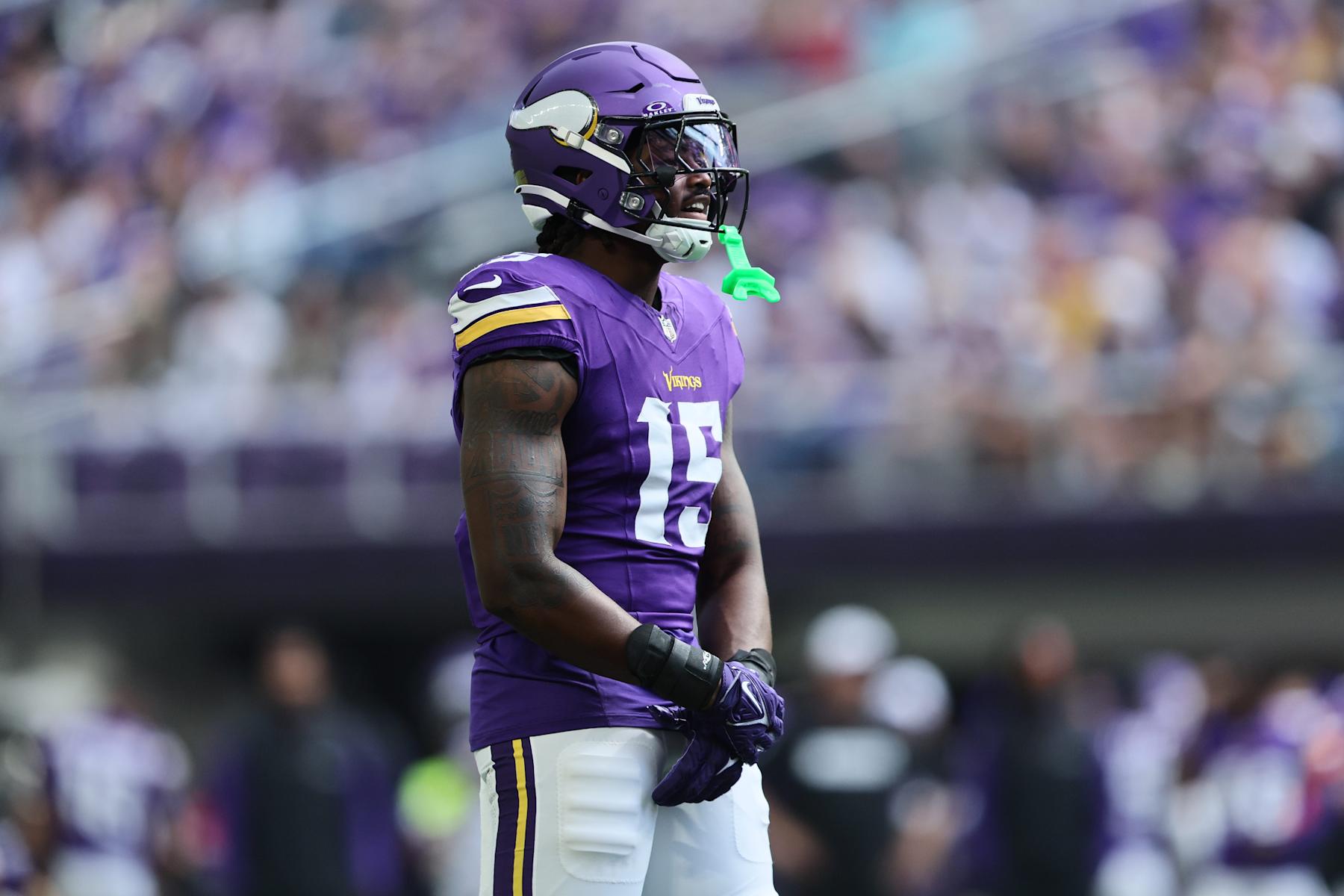 MINNEAPOLIS, MINNESOTA - AUGUST 10: Dallas Turner #15 of the Minnesota Vikings reacts to a play during the first  quarter of the pre-season game against Las Vegas Raiders at U.S. Bank Stadium on August 10, 2024 in Minneapolis, Minnesota. (Photo by Adam Bettcher/Getty Images)