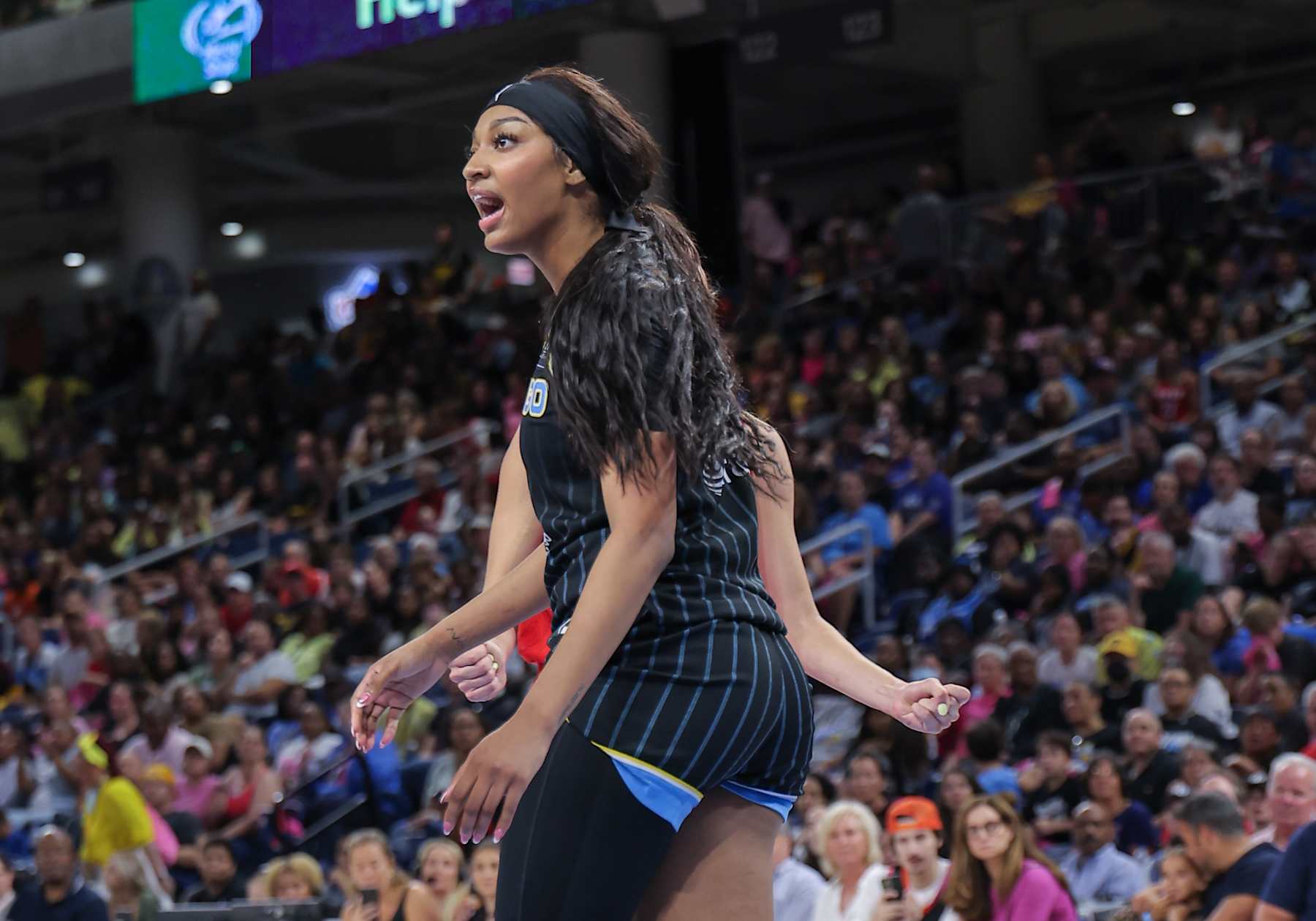 CHICAGO, IL - AUGUST 30: Angel Reese #5 of the Chicago Sky reacts during the second half of a  WNBA game against the Indiana Fever on August 30, 2024 at Wintrust Arena in Chicago, Illinois. (Photo by Melissa Tamez/Icon Sportswire via Getty Images)