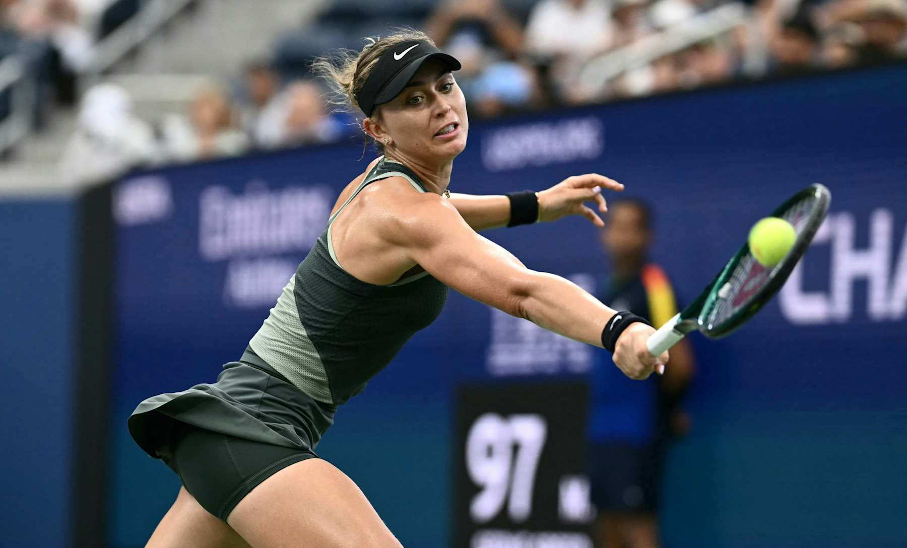 Spain's Paula Badosa plays a return to China's Wang Yafan during their women's singles round of 16 match on day seven of the US Open tennis tournament at the USTA Billie Jean King National Tennis Center in New York City, on September 1, 2024. (Photo by ANGELA WEISS / AFP) (Photo by ANGELA WEISS/AFP via Getty Images)