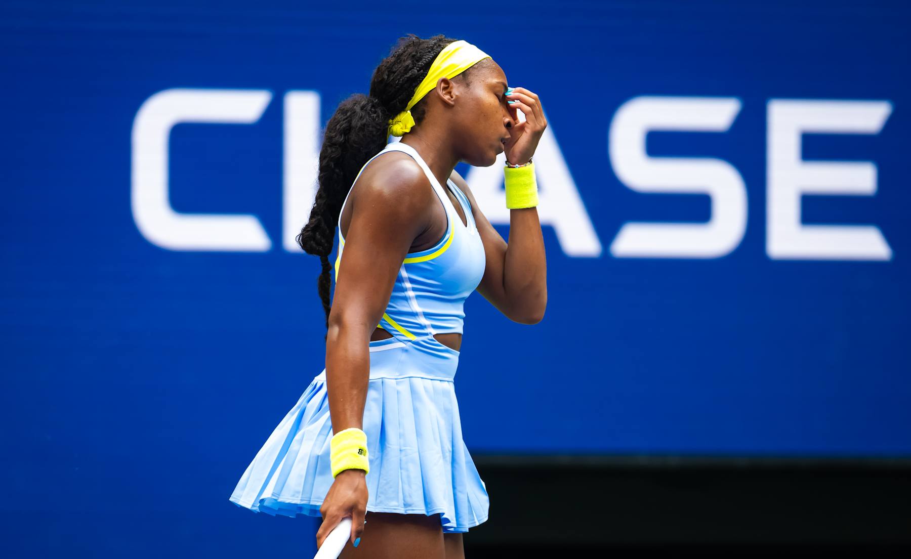 NEW YORK, NEW YORK - SEPTEMBER 01: Coco Gauff of the United States in action against Emma Navarro of the United States in the fourth round on Day 7 of the US Open at USTA Billie Jean King National Tennis Center on September 01, 2024 in New York City (Photo by Robert Prange/Getty Images)
