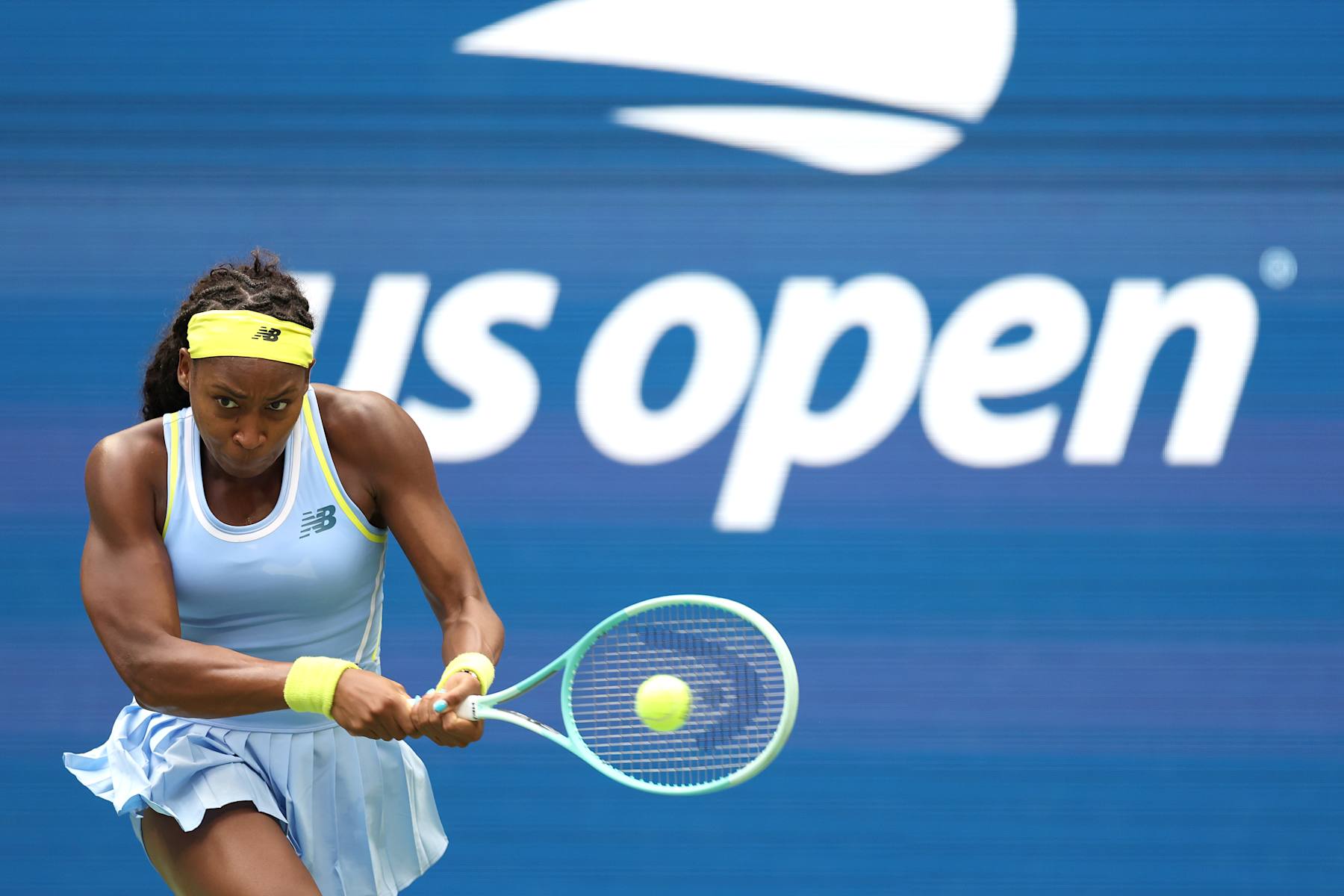 NEW YORK, NEW YORK - SEPTEMBER 01: Coco Gauff of the United States returns a shot against Emma Navarro of the United States during their Women's Singles Fourth Round match on Day Seven of the 2024 US Open at USTA Billie Jean King National Tennis Center on September 01, 2024 in the Flushing neighborhood of the Queens borough of New York City. (Photo by Luke Hales/Getty Images)
