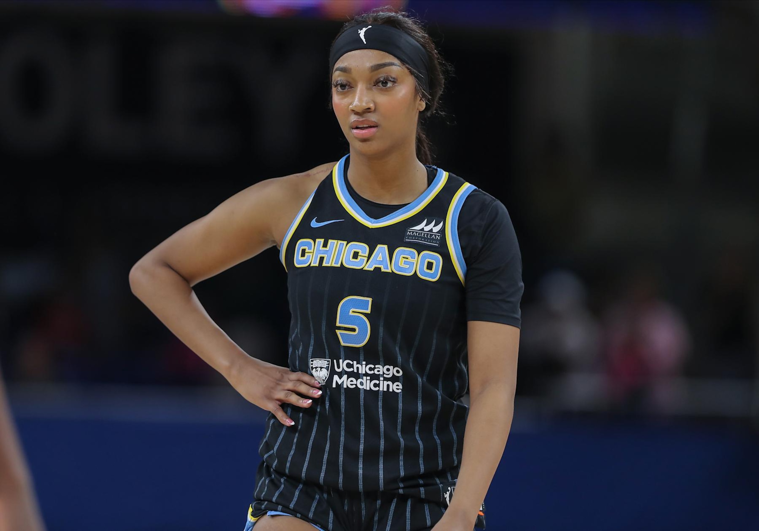 CHICAGO, IL - AUGUST 30: Angel Reese #5 of the Chicago Sky looks on during the second half of a WNBA game against the Indiana Fever on August 30, 2024 at Wintrust Arena in Chicago, Illinois. (Photo by Melissa Tamez/Icon Sportswire via Getty Images)