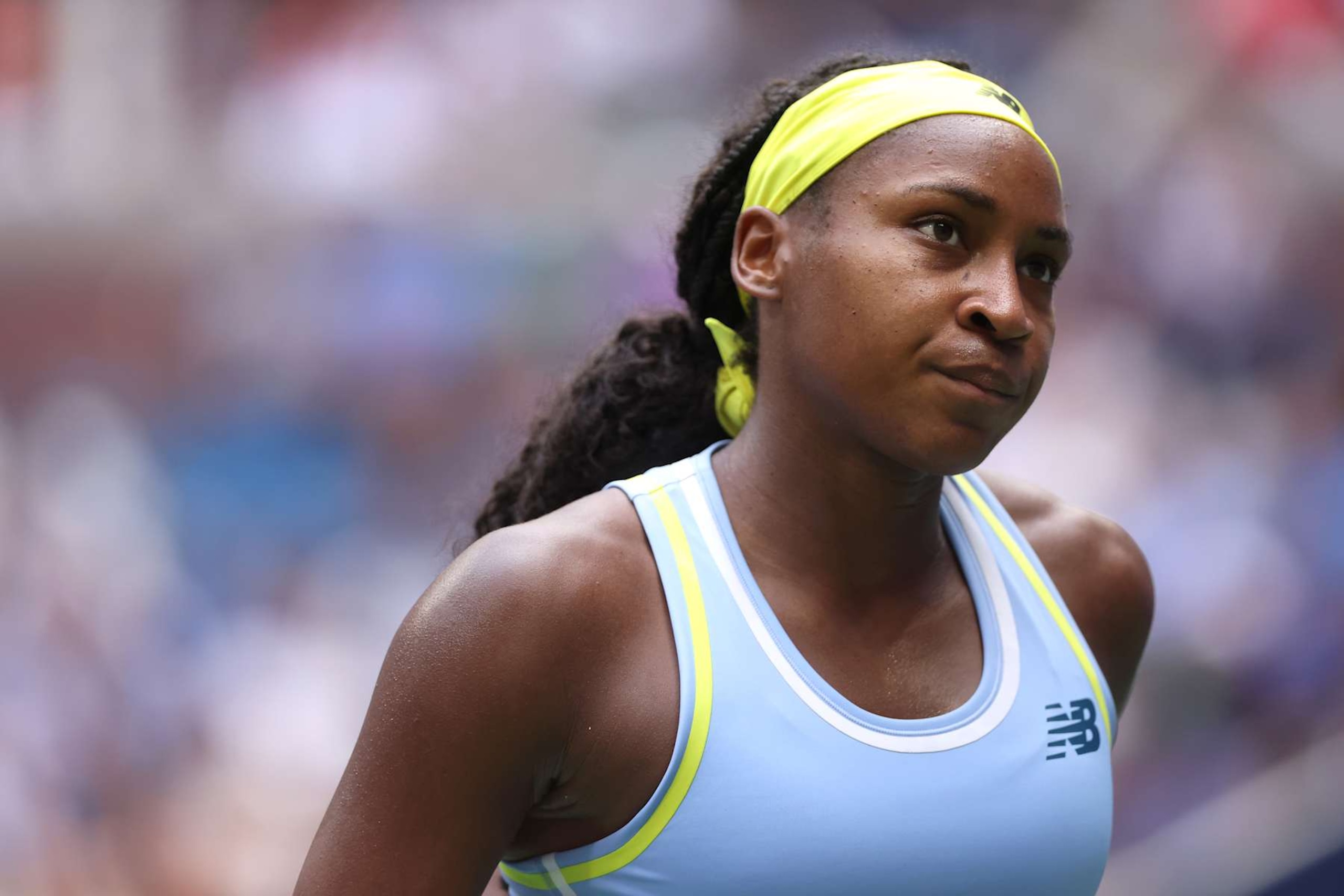 NEW YORK, NEW YORK - SEPTEMBER 01: Coco Gauff of the United States reacts against Emma Navarro of the United States during their Women's Singles Fourth Round match on Day Seven of the 2024 US Open at USTA Billie Jean King National Tennis Center on September 01, 2024 in the Flushing neighborhood of the Queens borough of New York City. (Photo by Matthew Stockman/Getty Images)
