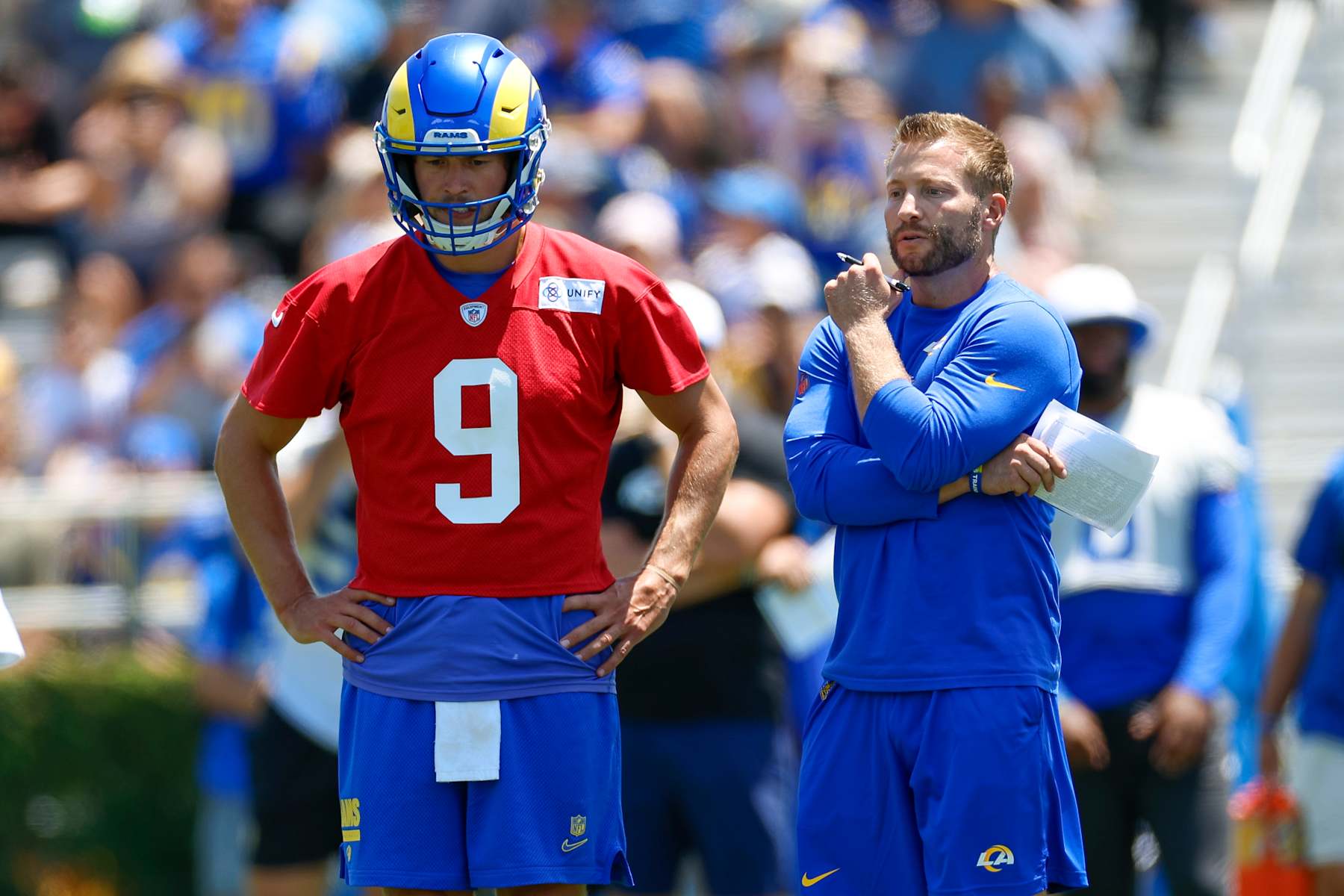 LOS ANGELES, CA - JULY 26: Los Angeles Rams quarterback Matthew Stafford (9) and head coach Sean McVay talk on the field during the team's training camp at Loyola Marymount University on July 26, 2024 in Los Angeles, CA. (Photo by Brandon Sloter/Icon Sportswire via Getty Images)