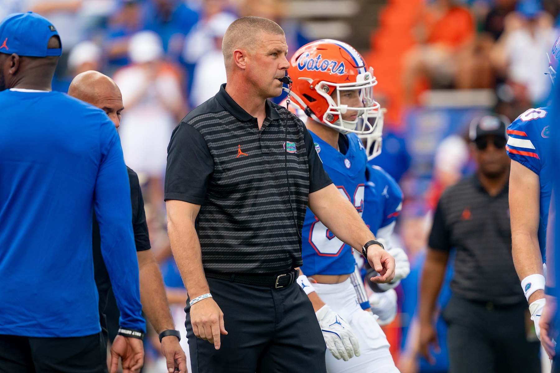 GAINESVILLE, FL - AUGUST 31: Florida Gators head coach Billy Napier watches his team warm up before a college football game between the Miami Hurricanes and the Florida Gators on August 17, 2024 at Ben Hill Griffin Stadium in Gainesville, FL. (Photo by Chris Leduc/Icon Sportswire via Getty Images)