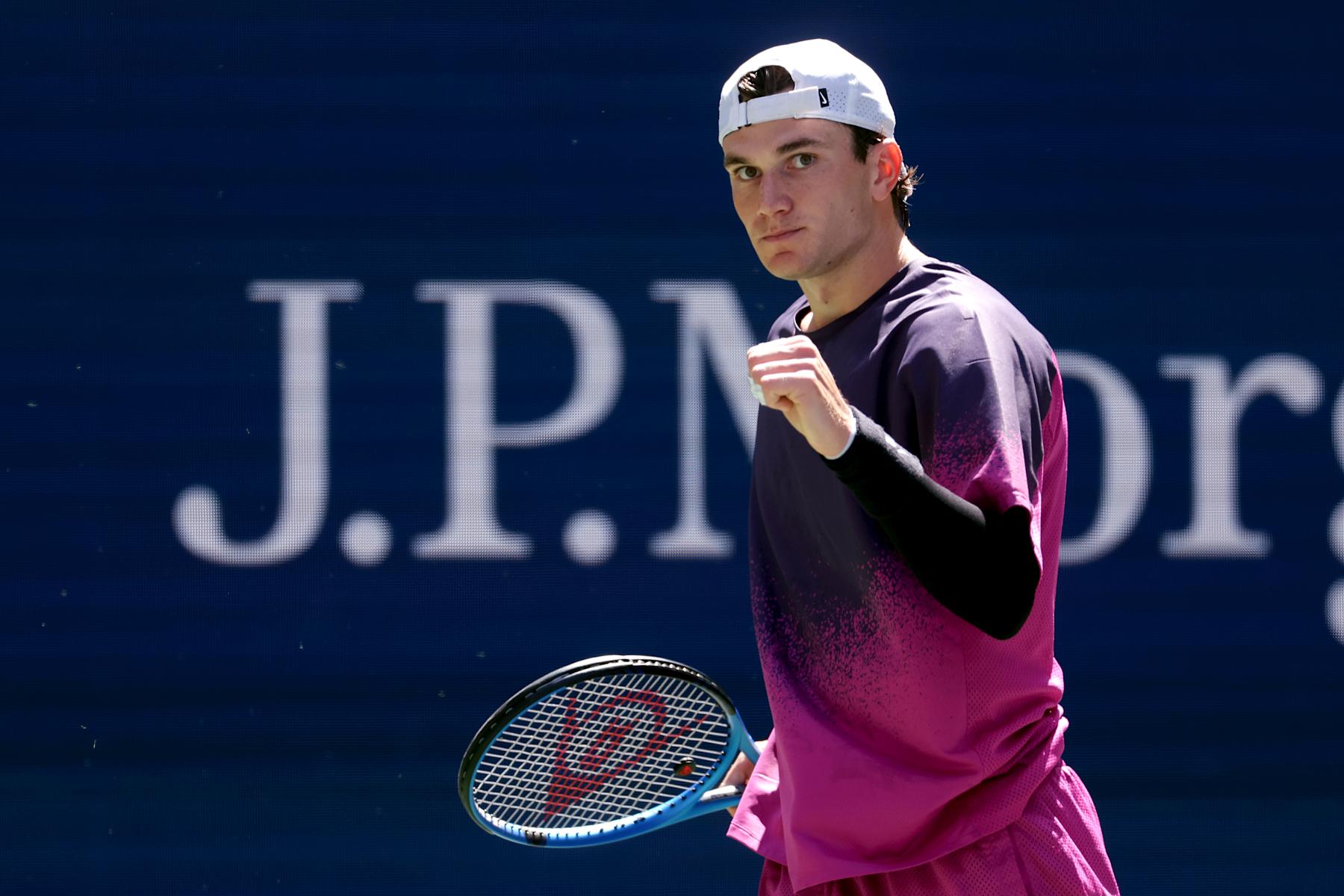 NEW YORK, NEW YORK - SEPTEMBER 02: Jack Draper of Great Britain reactst against Tomas Machac of Czech Republic during their Men's Singles Fourth Round match on Day Eight of the 2024 US Open at USTA Billie Jean King National Tennis Center on September 02, 2024 in the Flushing neighborhood of the Queens borough of New York City. (Photo by Matthew Stockman/Getty Images)