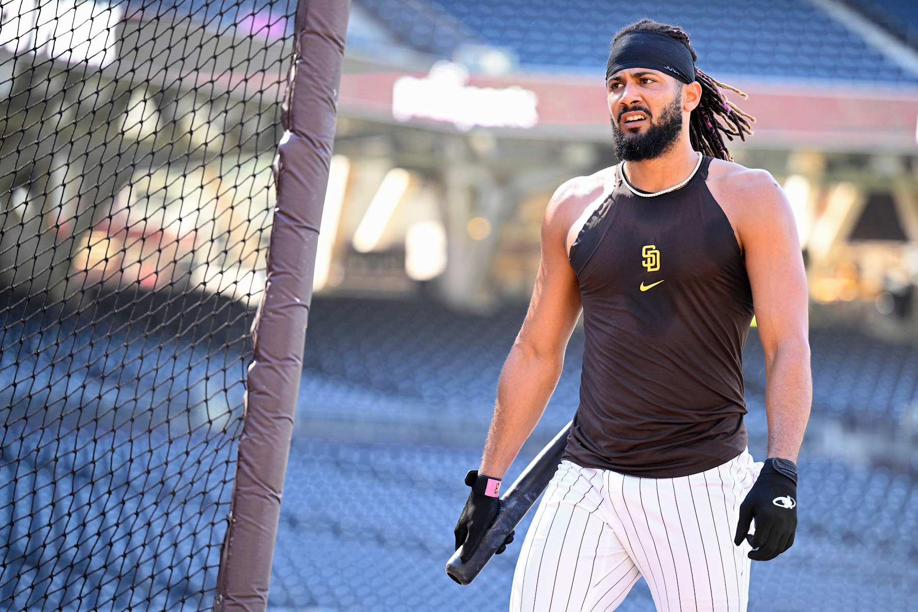 SAN DIEGO, CALIFORNIA - AUGUST 23: Fernando Tatis Jr. #23 of the San Diego Padres takes batting practice before the game against the New York Mets at Petco Park on August 23, 2024 in San Diego, California. (Photo by Orlando Ramirez/Getty Images)