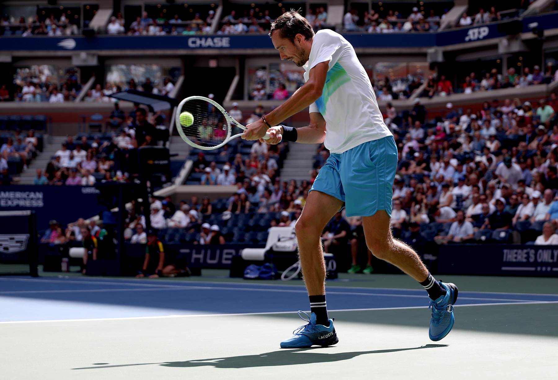NEW YORK, NEW YORK - SEPTEMBER 02: Daniil Medvedev of Russia returns a shot against Nuno Borges of Portugal during their Men's Singles Fourth Round match on Day Eight of the 2024 US Open at USTA Billie Jean King National Tennis Center on September 02, 2024 in the Flushing neighborhood of the Queens borough of New York City. (Photo by Al Bello/Getty Images)