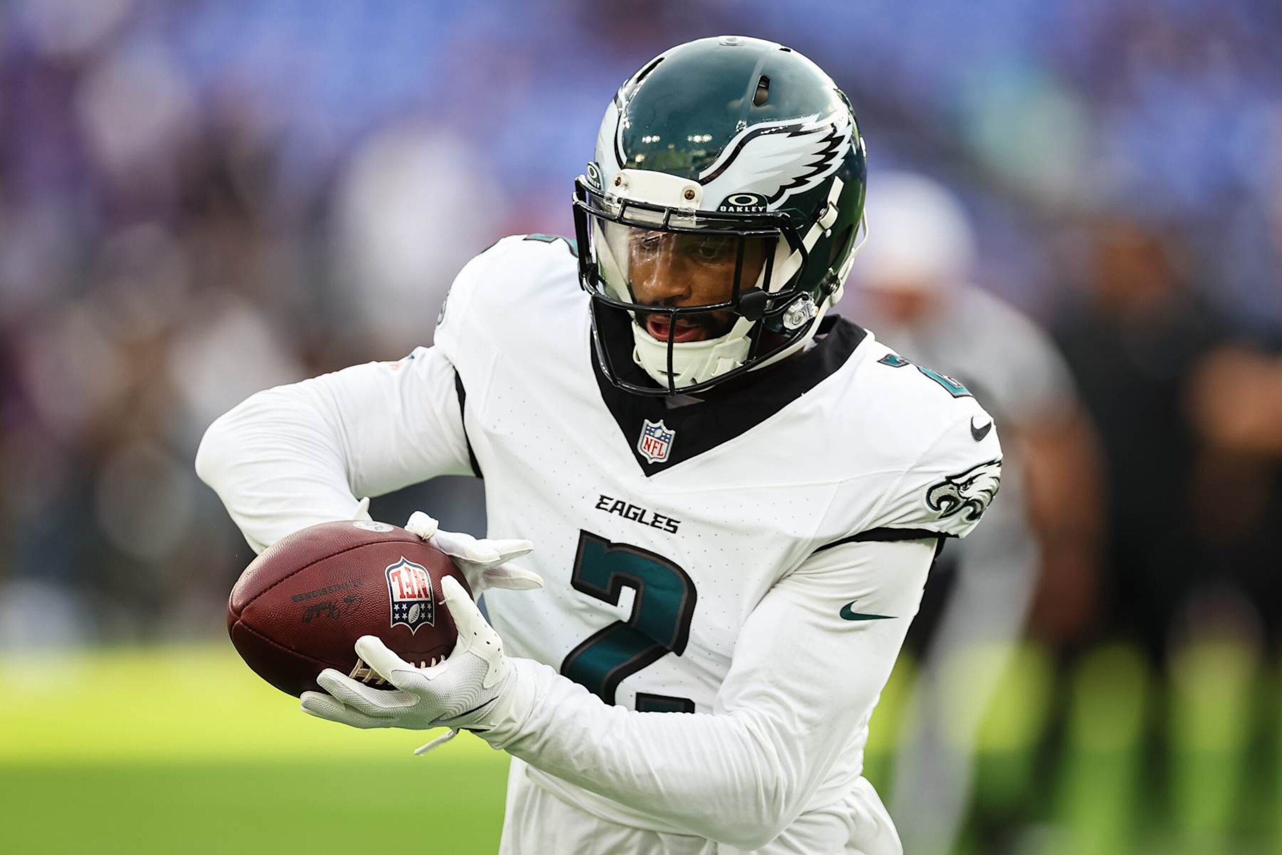 BALTIMORE, MD - AUGUST 09: Darius Slay Jr. #2 of the Philadelphia Eagles warms up before a preseason game against the Baltimore Ravens at M&T Bank Stadium on August 9, 2024 in Baltimore, Maryland. (Photo by Scott Taetsch/Getty Images)
