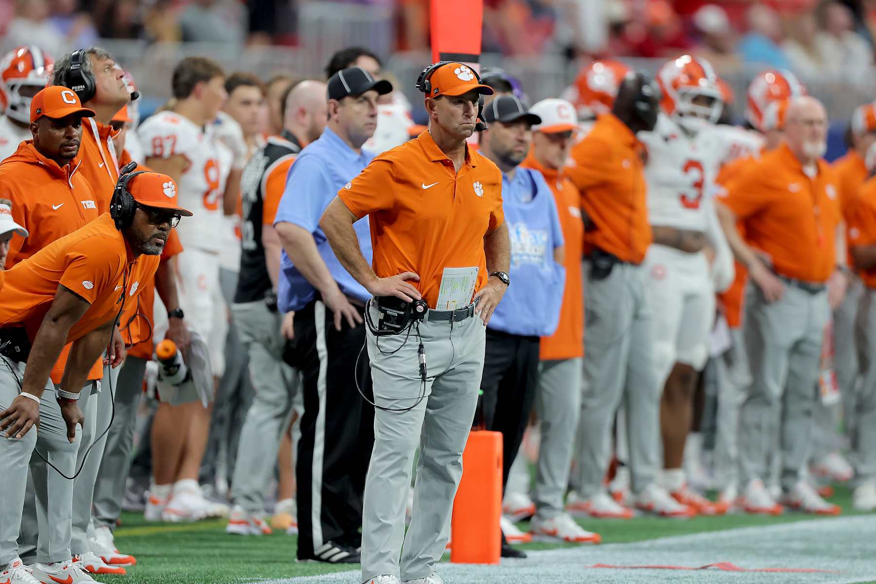 ATLANTA, GA - AUGUST 31: Clemson Tigers head coach Dabo Swinney watches from the sidelines during the Saturday afternoon college football game between the University of Georgia Bulldogs and the Clemson Tigers on 08/31/2024 at the Mercedes-Benz Stadium in Atlanta, GA.  (Photo by David J. Griffin/Icon Sportswire via Getty Images)