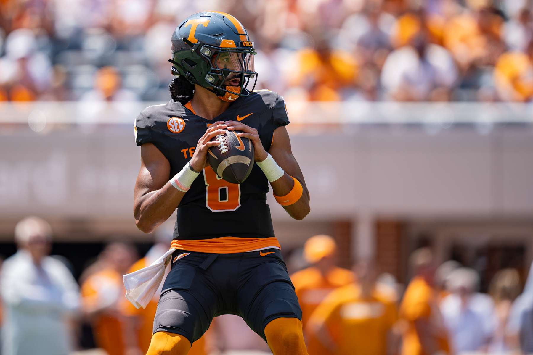 KNOXVILLE, TENNESSEE - AUGUST 31: Nico Iamaleava #8 of the Tennessee Volunteers drops back to pass the ball in the second quarter during their game against the Chattanooga Mocs at Neyland Stadium on August 31, 2024 in Knoxville, Tennessee. (Photo by Jacob Kupferman/Getty Images)