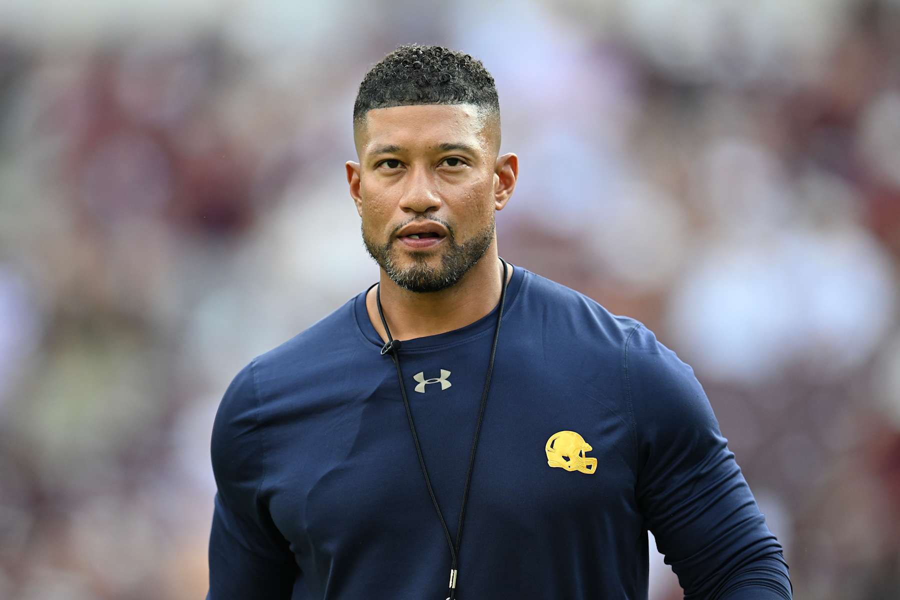 COLLEGE STATION, TEXAS - AUGUST 31: Head Coach Marcus Freeman of the Notre Dame Fighting Irish looks on prior to the game against the Texas A&M Aggies Kyle Field on August 31, 2024 in College Station, Texas. (Photo by Jack Gorman/Getty Images)
