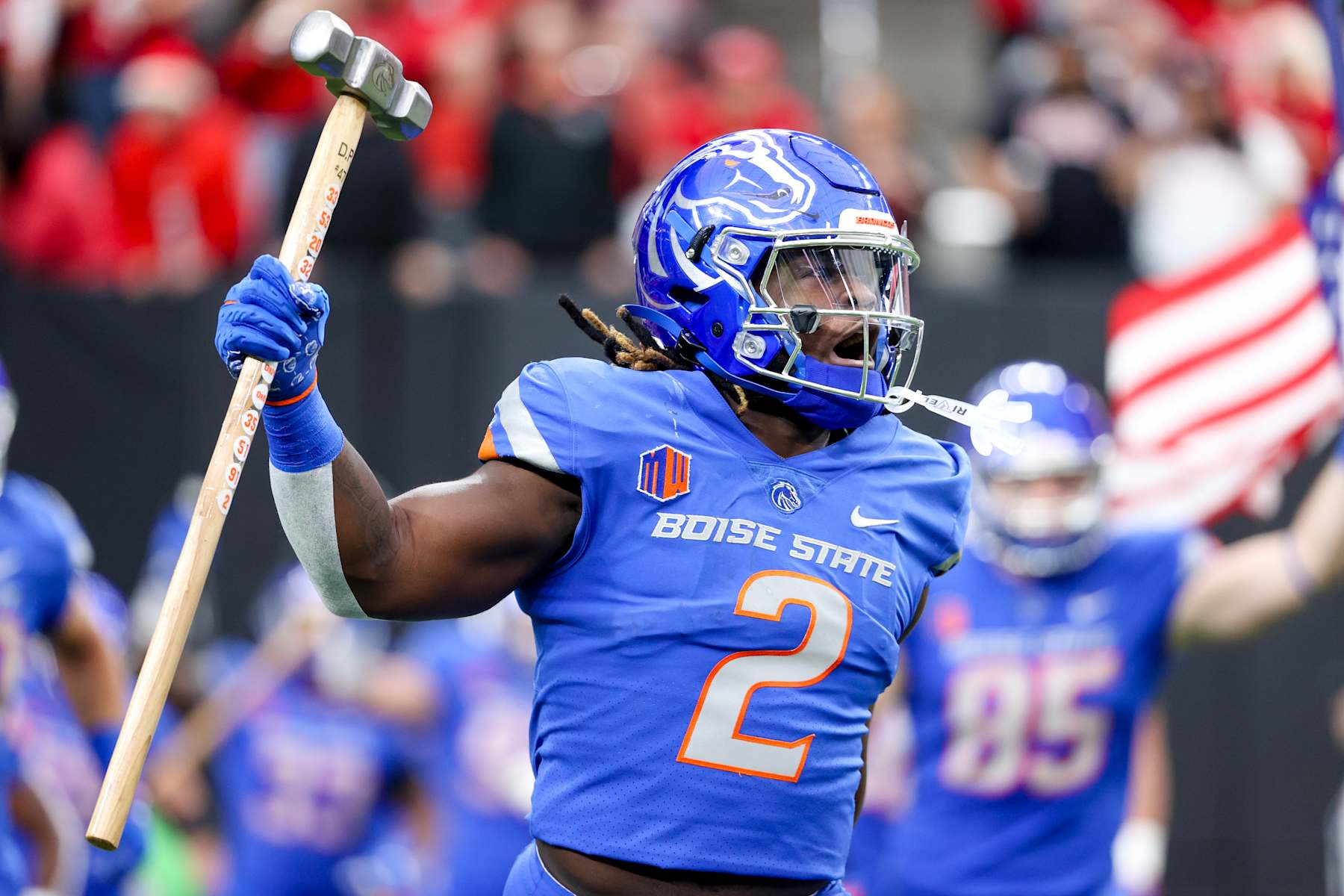 LAS VEGAS, NEVADA - DECEMBER 02: Ashton Jeanty #2 of the Boise State Broncos runs onto the field prior to a game against the UNLV Rebels during the Mountain West Football Championship at Allegiant Stadium on December 02, 2023 in Las Vegas, Nevada. (Photo by Ian Maule/Getty Images)
