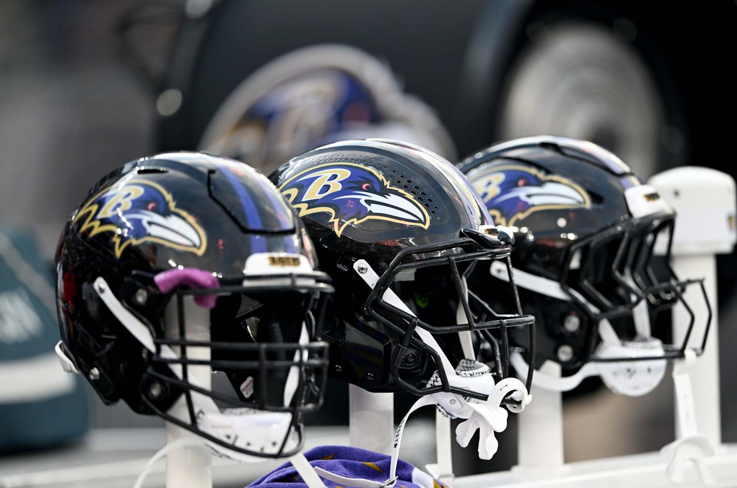 BALTIMORE, MARYLAND - AUGUST 09: A view of Baltimore Ravens helmets on the sideline during the game against the Philadelphia Eagles in a preseason game at M&T Bank Stadium on August 09, 2024 in Baltimore, Maryland. (Photo by G Fiume/Getty Images)