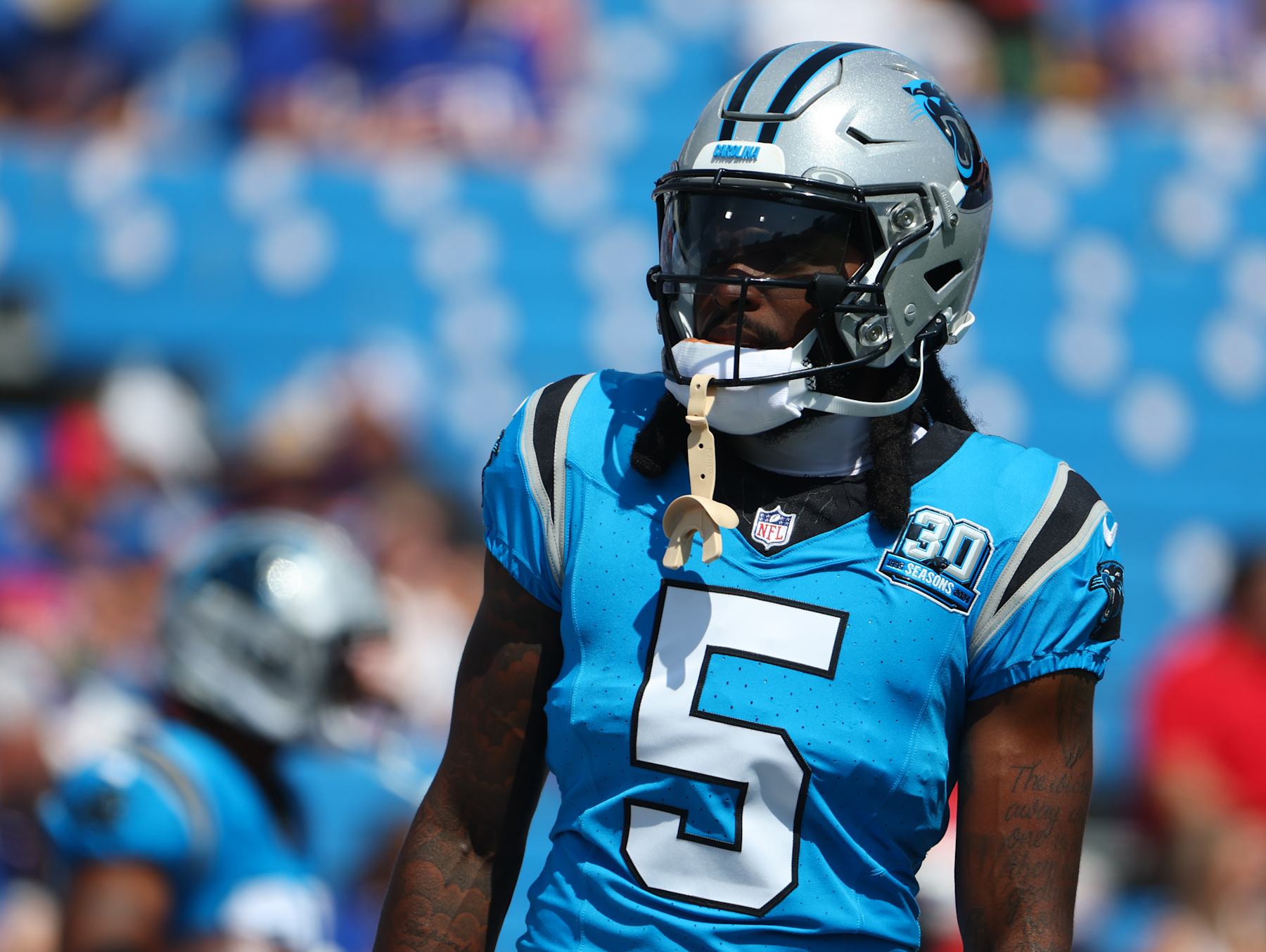 ORCHARD PARK, NEW YORK - AUGUST 24: Diontae Johnson #5 of the Carolina Panthers on the field before a preseason game against the Buffalo Bills at Highmark Stadium on August 24, 2024 in Orchard Park, New York. (Photo by Timothy T Ludwig/Getty Images)