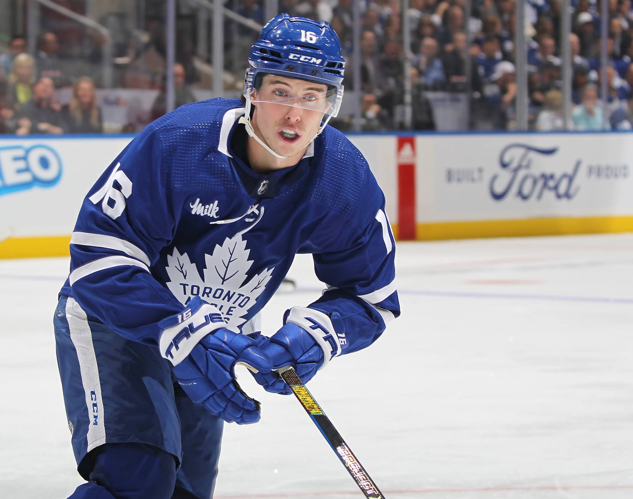 TORONTO, CANADA - APRIL 24:  Mitchell Marner #16 of the Toronto Maple Leafs skates against the Boston Bruins in Game Three of the First Round of the 2024 Stanley Cup Playoffs at Scotiabank Arena on April 24, 2024 in Toronto, Ontario, Canada. The Bruins defeated the Maple Leafs 4-2. (Photo by Claus Andersen/Getty Images)