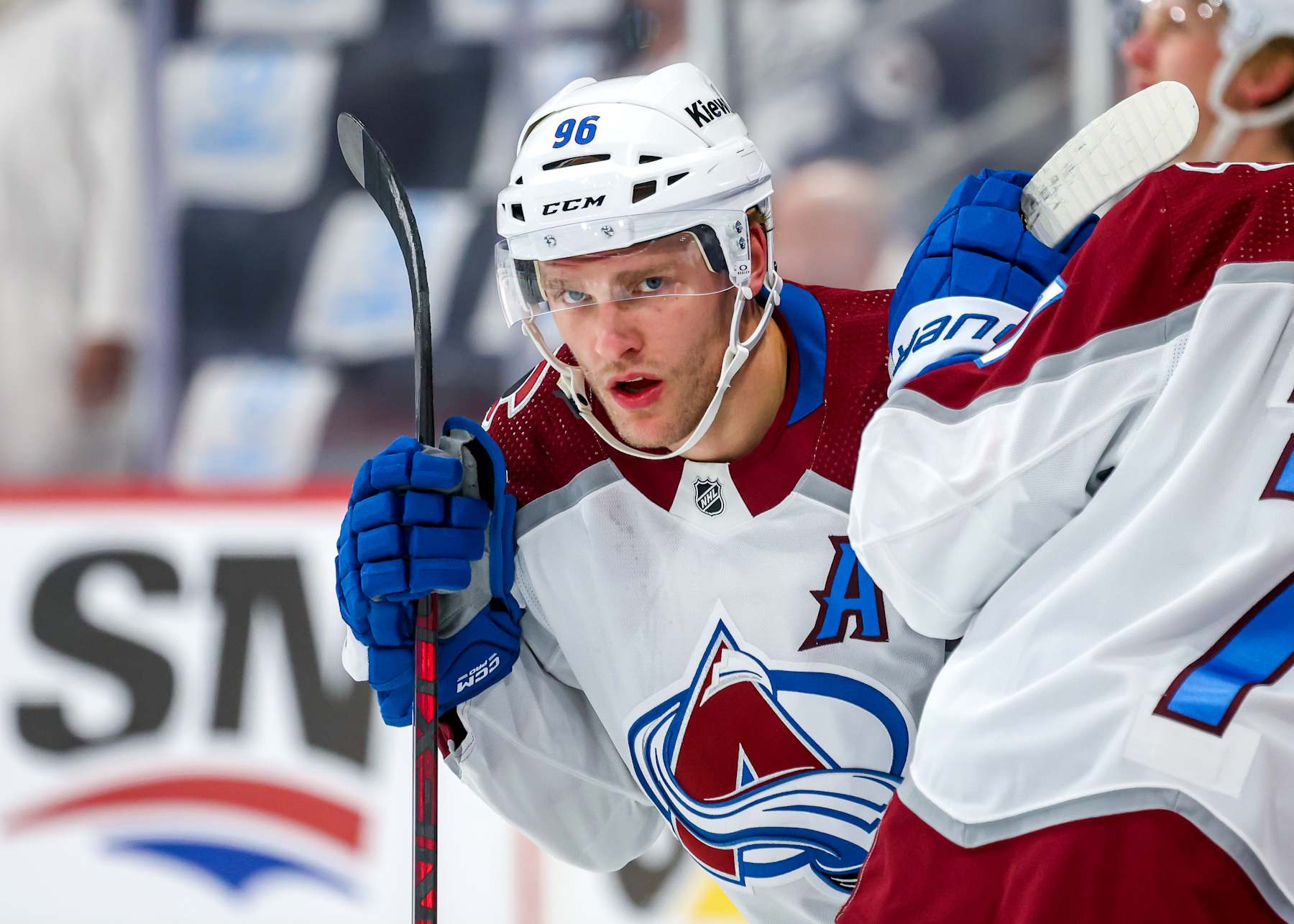 WINNIPEG, CANADA - APRIL 23: Mikko Rantanen #96 of the Colorado Avalanche looks on during the pre-game warm up prior to NHL action against the Winnipeg Jets in Game Two of the First Round of the 2024 Stanley Cup Playoffs at Canada Life Centre on April 23, 2024 in Winnipeg, Manitoba, Canada. (Photo by Jonathan Kozub/NHLI via Getty Images)