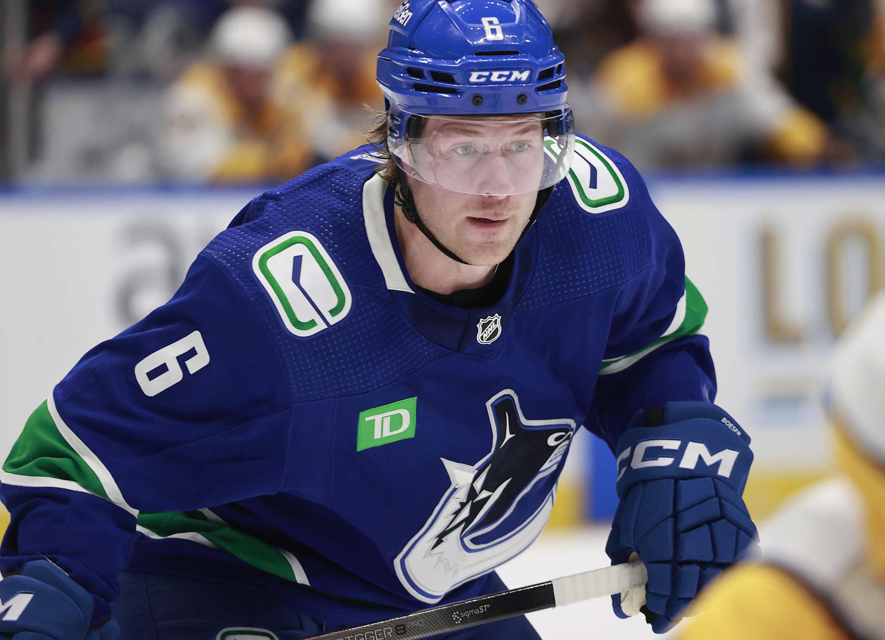 VANCOUVER, CANADA - APRIL 23: Brock Boeser #6 of the Vancouver Canucks skates up ice during Game Two of the First Round of the 2024 Stanley Cup Playoffs against the Nashville Predators at Rogers Arena on April 23, 2024 in Vancouver, British Columbia, Canada.  (Photo by Jeff Vinnick/NHLI via Getty Images)