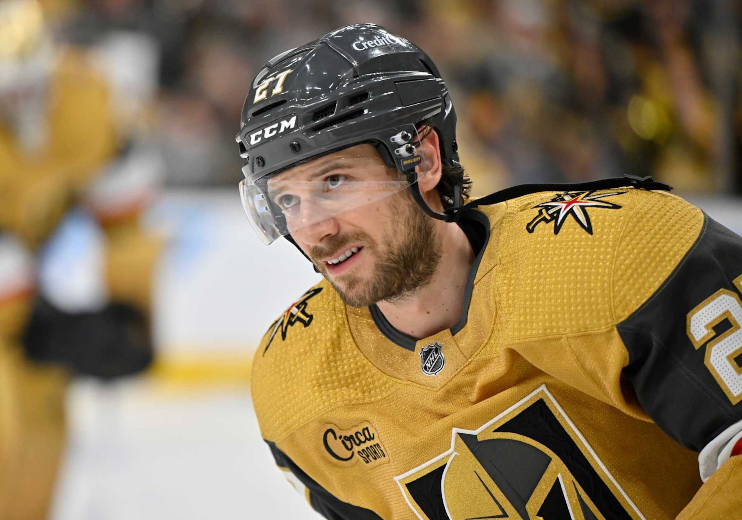LAS VEGAS, NEVADA - MAY 03: Shea Theodore #27 of the Vegas Golden Knights warms up prior to Game Six of the First Round of the 2024 Stanley Cup Playoffs against the Dallas Stars at T-Mobile Arena on May 03, 2024 in Las Vegas, Nevada.  (Photo by David Becker/NHLI via Getty Images)