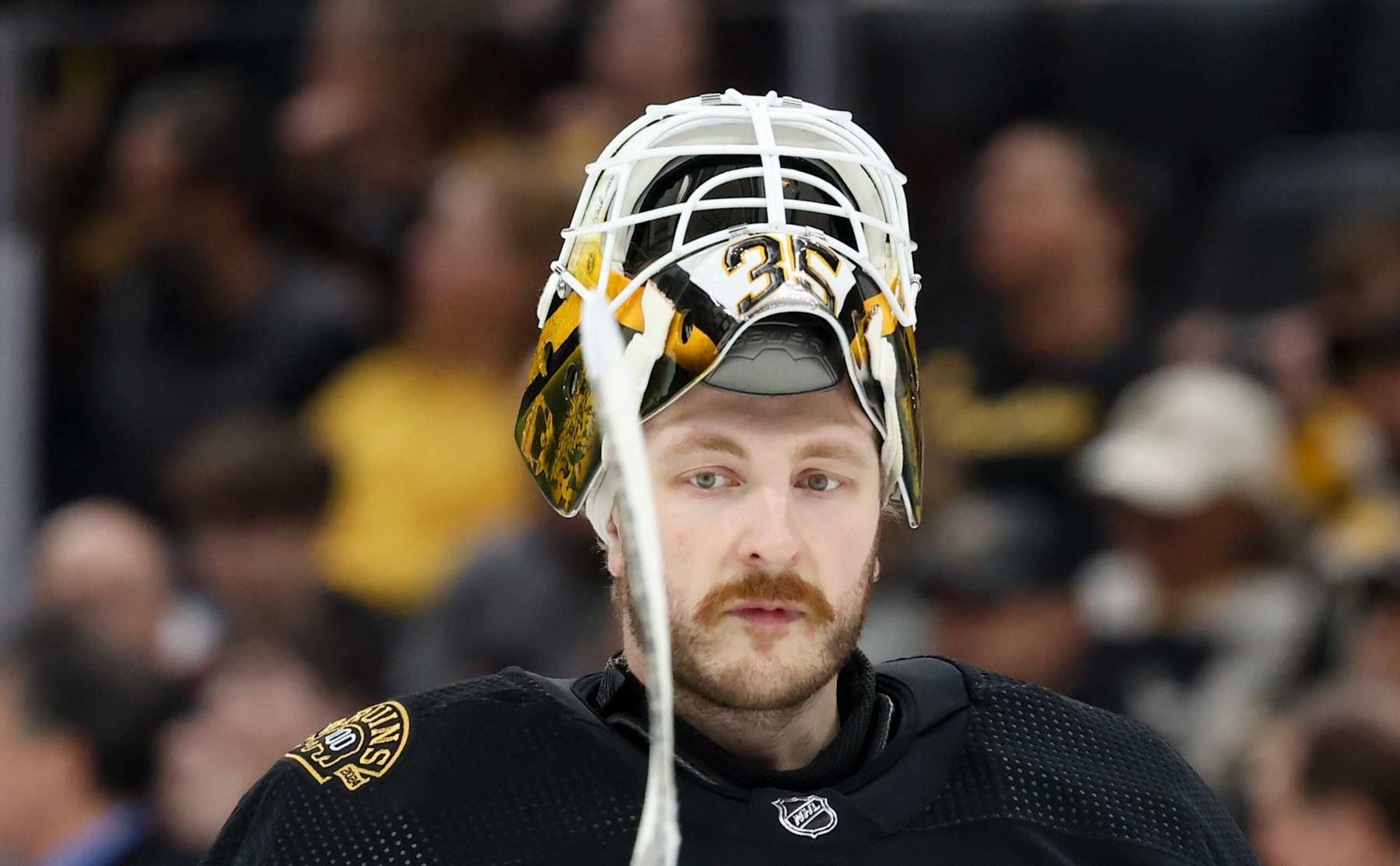 BOSTON, MASSACHUSETTS - APRIL 16: Linus Ullmark #35 of the Boston Bruins tends goal against the Ottawa Senators during the second period at the TD Garden on April 16, 2024 in Boston, Massachusetts. The Senators won 3-1. (Photo by Richard T Gagnon/Getty Images)