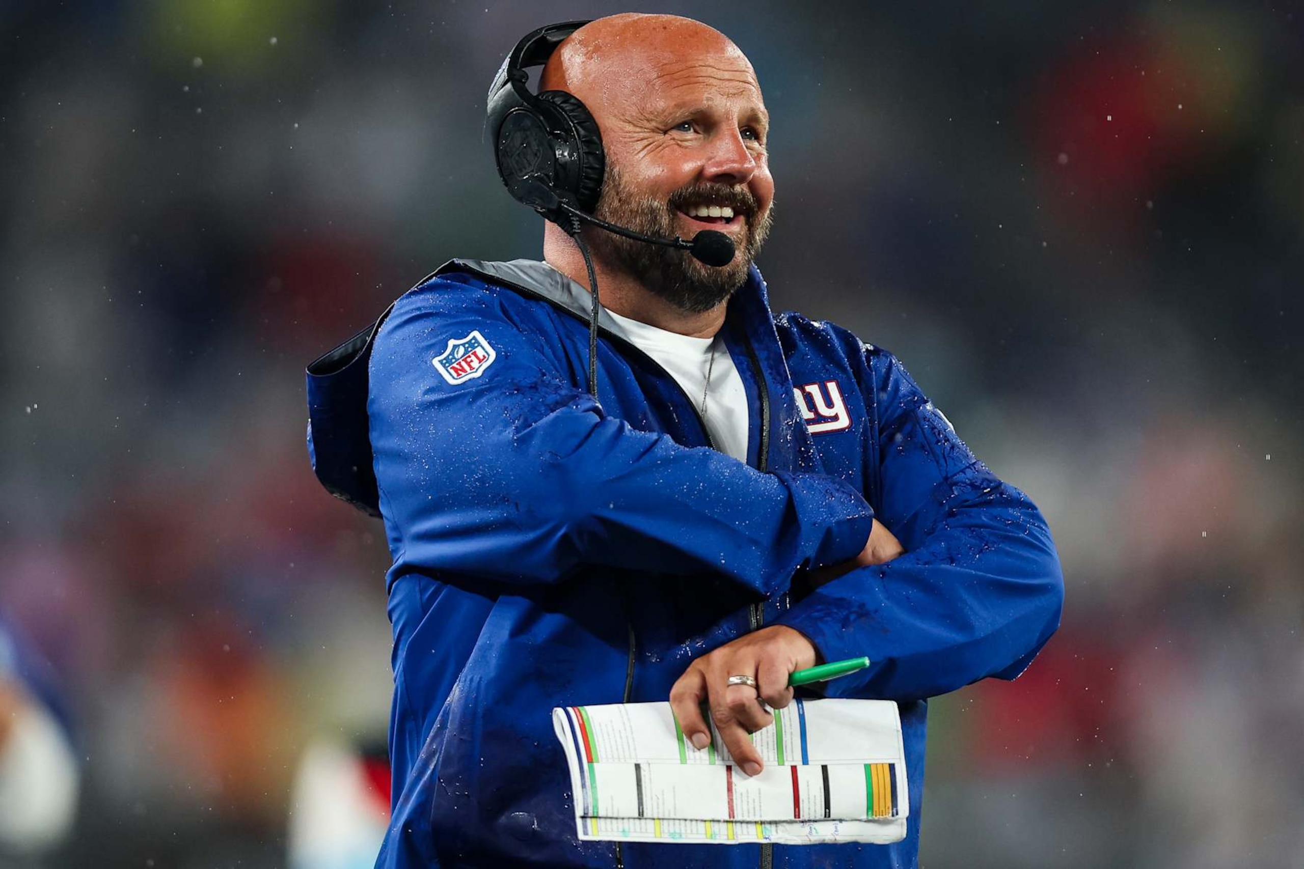EAST RUTHERFORD, NJ - AUGUST 08: Brian Daboll of the New York Giants looks on from the sideline during an NFL football game against the Detroit Lions at MetLife Stadium on August 8, 2024 in East Rutherford, NJ. (Photo by Perry Knotts/Getty Images)