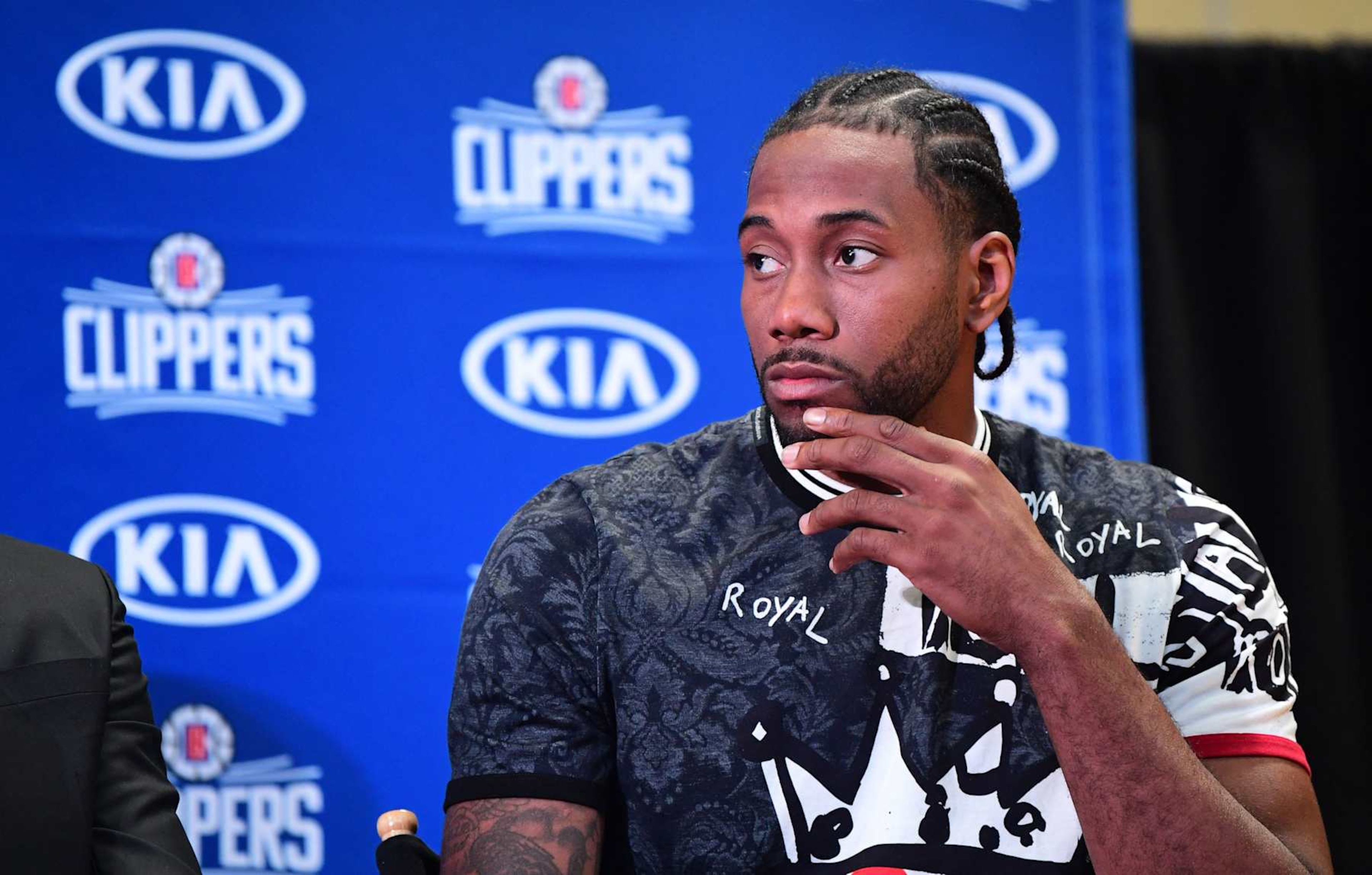 US basketball player Kawhi Leonard speaks during a press conference introducing Leonard and Paul George as new players on the Los Angeles Clippers in Los Angeles on July 24, 2019. (Photo by Frederic J. BROWN / AFP) (Photo by FREDERIC J. BROWN/AFP via Getty Images) US basketball player Kawhi Leonard speaks during a press conference introducing Leonard and Paul George as new players on the Los Angeles Clippers in Los Angeles on July 24, 2019. (Photo by Frederic J. BROWN / AFP) (Photo by FREDERIC J. BROWN/AFP via Getty Images)