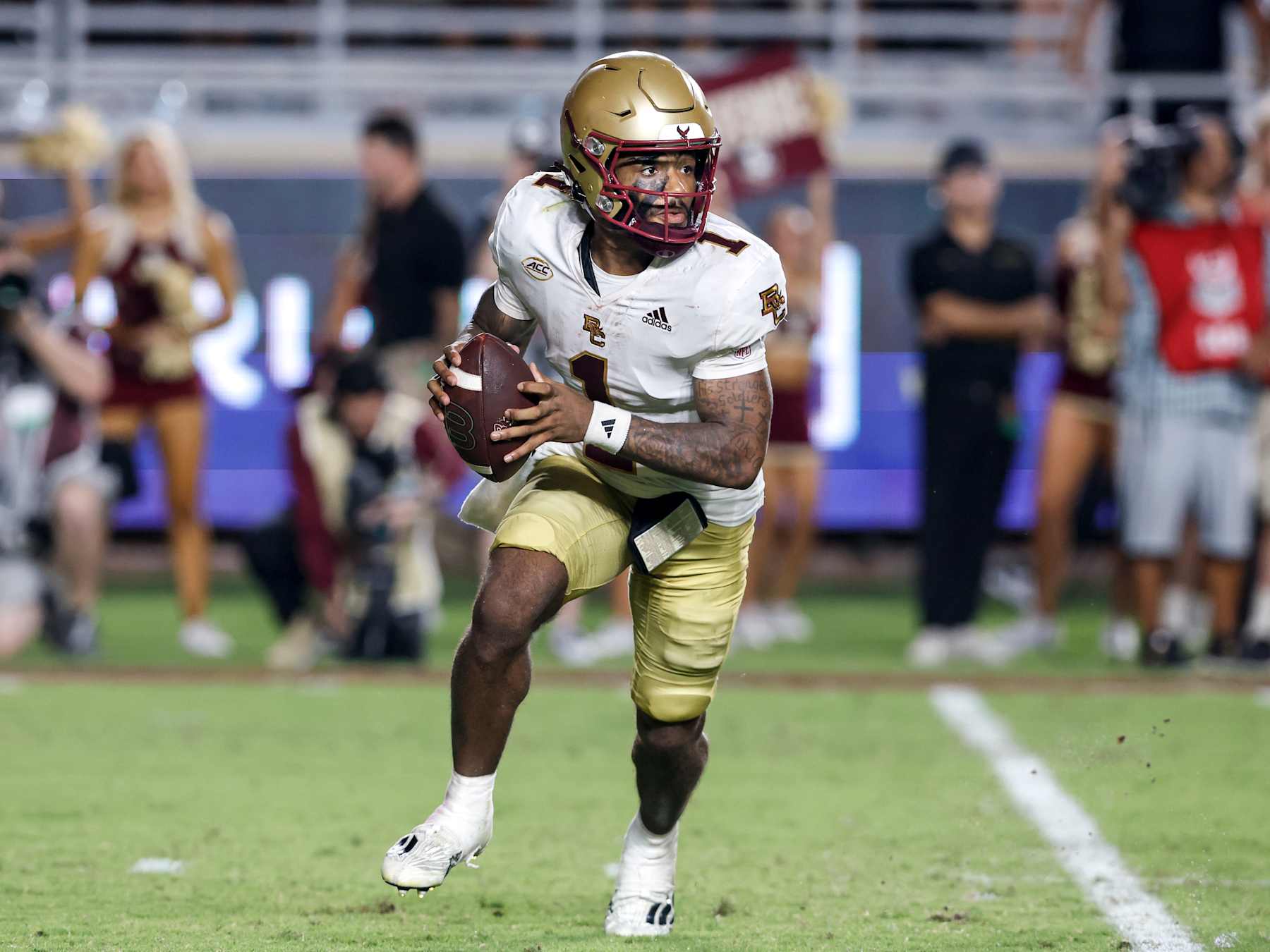 TALLAHASSEE, FL - SEPTEMBER 2: Thomas Castellanos #1 of the Boston College Eagles rolls out on a pass play during the game against the Florida State Seminoles at Doak Campbell Stadium on Bobby Bowden Field on September 2, 2024 in Tallahassee, Florida. The Eagles defeated the Seminoles 28-13. (Photo by Don Juan Moore/Getty Images)