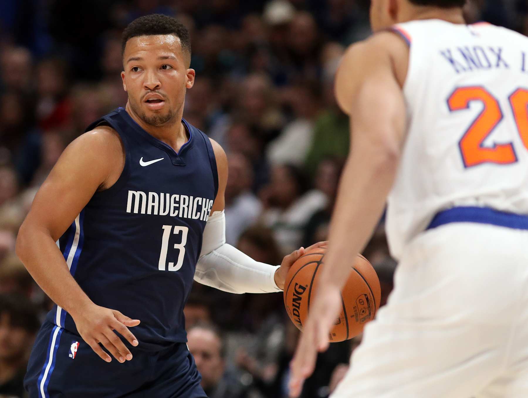 DALLAS, TEXAS - NOVEMBER 08:  Jalen Brunson #13 of the Dallas Mavericks at American Airlines Center on November 08, 2019 in Dallas, Texas.  NOTE TO USER: User expressly acknowledges and agrees that, by downloading and or using this photograph, User is consenting to the terms and conditions of the Getty Images License Agreement. (Photo by Ronald Martinez/Getty Images)