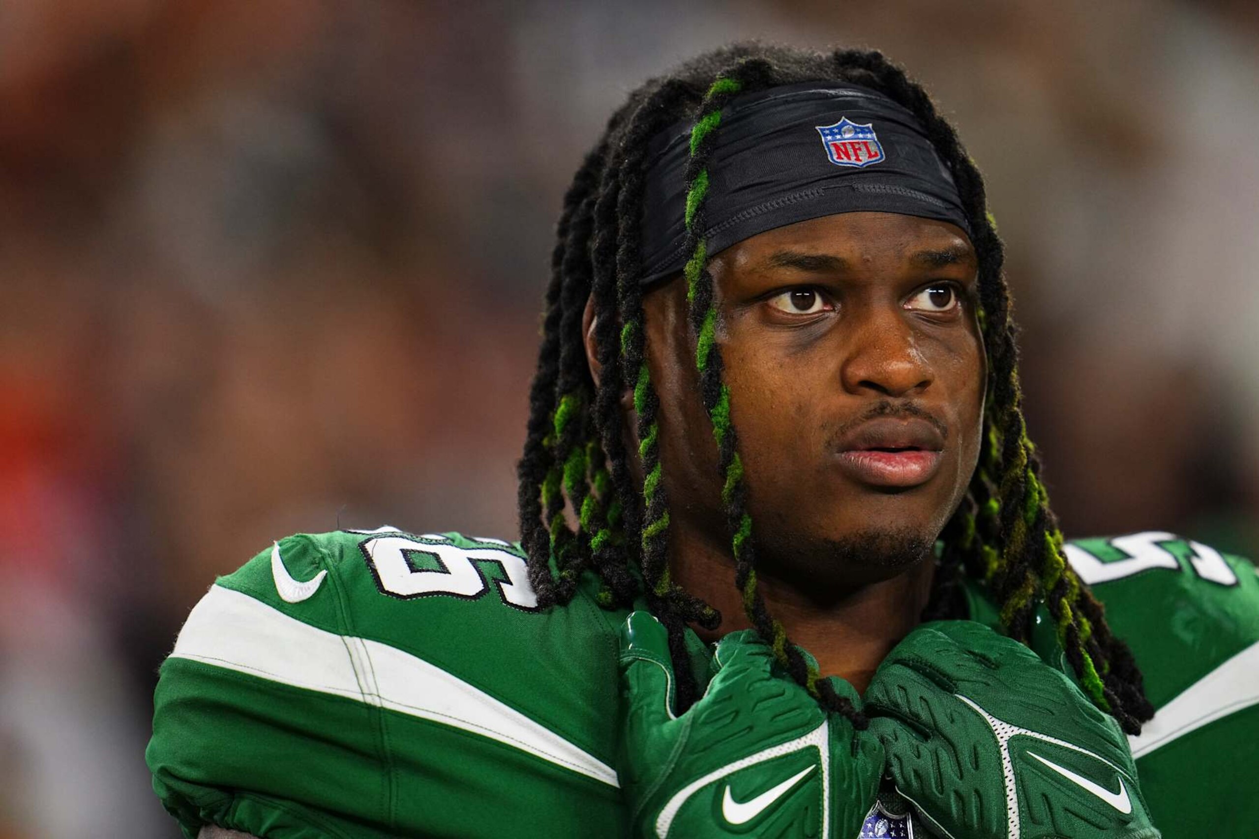 CLEVELAND, OH - DECEMBER 28: Quincy Williams #56 of the New York Jets looks on on from the sideline prior to an NFL football game against the Cleveland Browns at Cleveland Browns Stadium on December 28, 2023 in Cleveland, Ohio. (Photo by Cooper Neill/Getty Images)