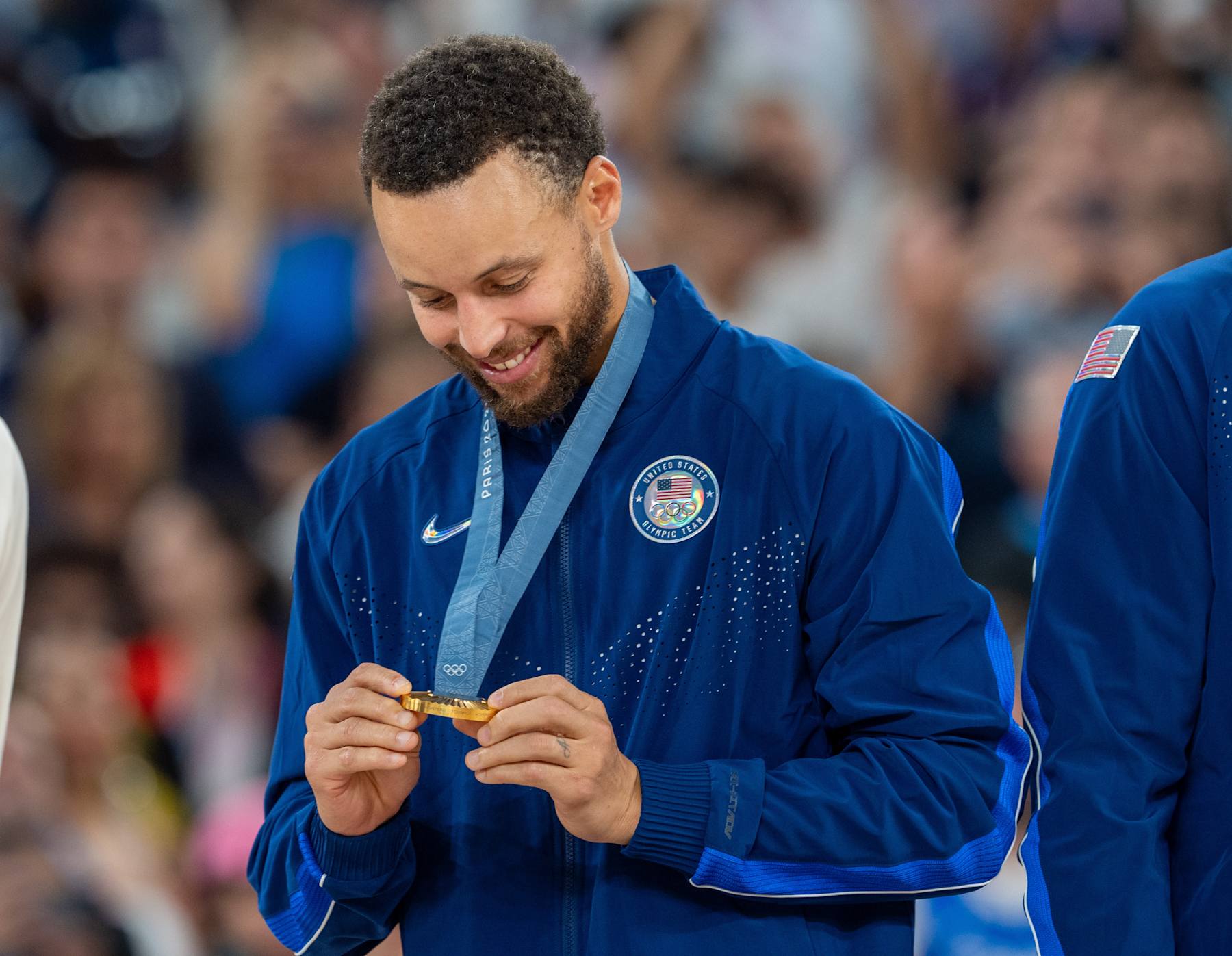 PARIS, FRANCE - AUGUST 10: Players of Team USA celebrate as they win gold medal after defeating France in Men's Gold Medal game on day fifteen of the Olympic Games Paris 2024 at Bercy Arena on August 10, 2024 in Paris, France. (Photo by Aytac Unal/Anadolu via Getty Images)