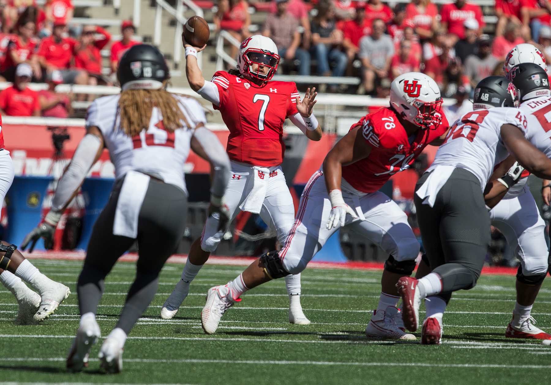 SALT LAKE CITY, UT - SEPTEMBER 25 : Cam Rising #7 of the Utah Utes throws a pass from the pocket against the Washington State Cougars during their game September 25, 2021 at Rice Eccles Stadium in Salt Lake City, Utah. (Photo by Chris Gardner/Getty Images)