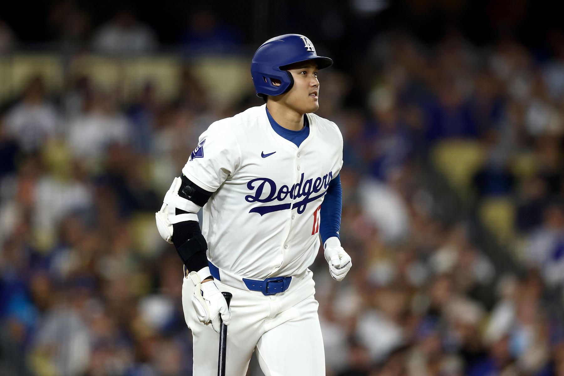 LOS ANGELES, CALIFORNIA - AUGUST 29: Shohei Ohtani #17 of the Los Angeles Dodgers looks on during the sixth inning against the Baltimore Orioles at Dodger Stadium on August 29, 2024 in Los Angeles, California. (Photo by Katelyn Mulcahy/Getty Images)