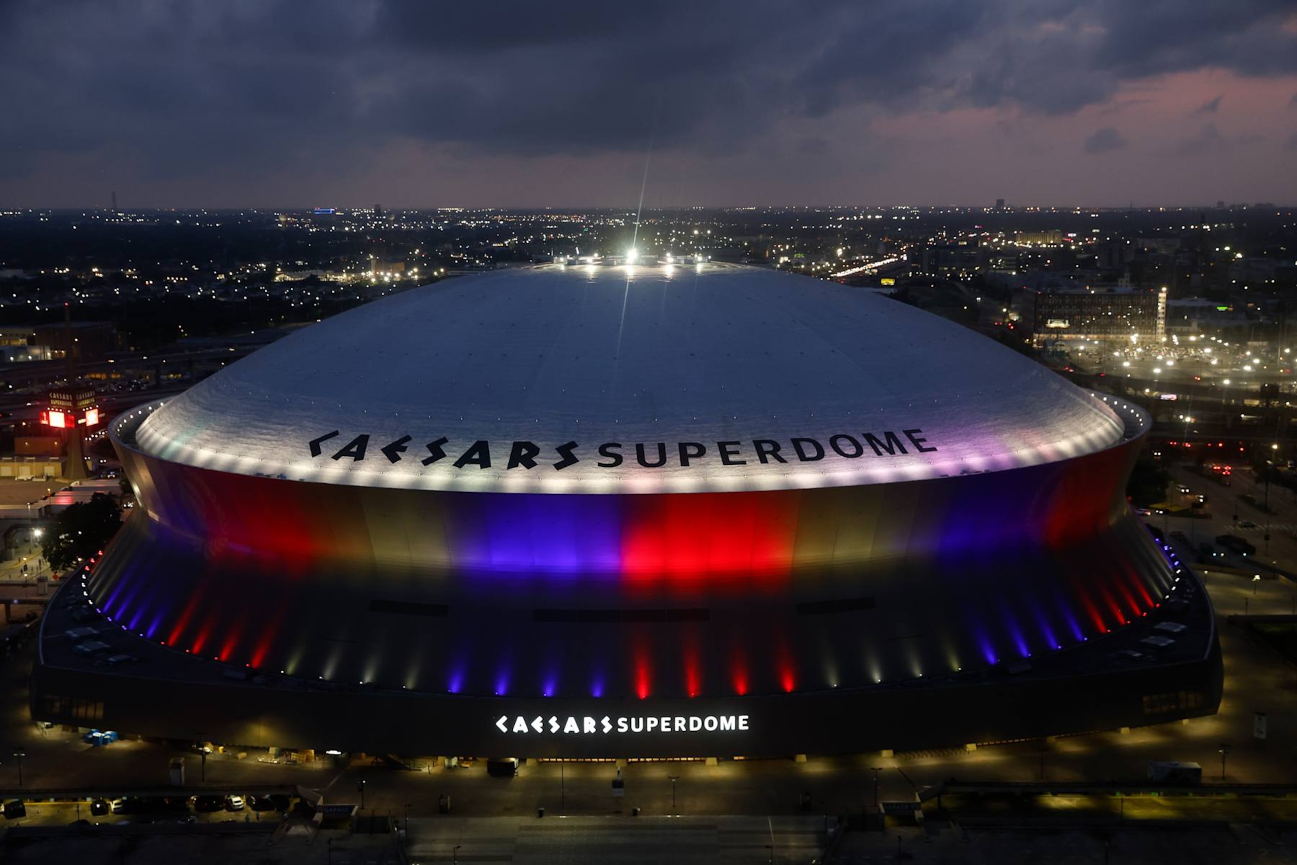 NEW ORLEANS, LOUISIANA -  MAY 07: A general overall exterior view of Caesars Superdome, home of the NFL New Orleans Saints on May 07, 2024 in New Orleans, Louisiana. Caesars Superdome will host Super Bowl LIX on February 9, 2025. (Photo by Aaron M. Sprecher/Getty Images)