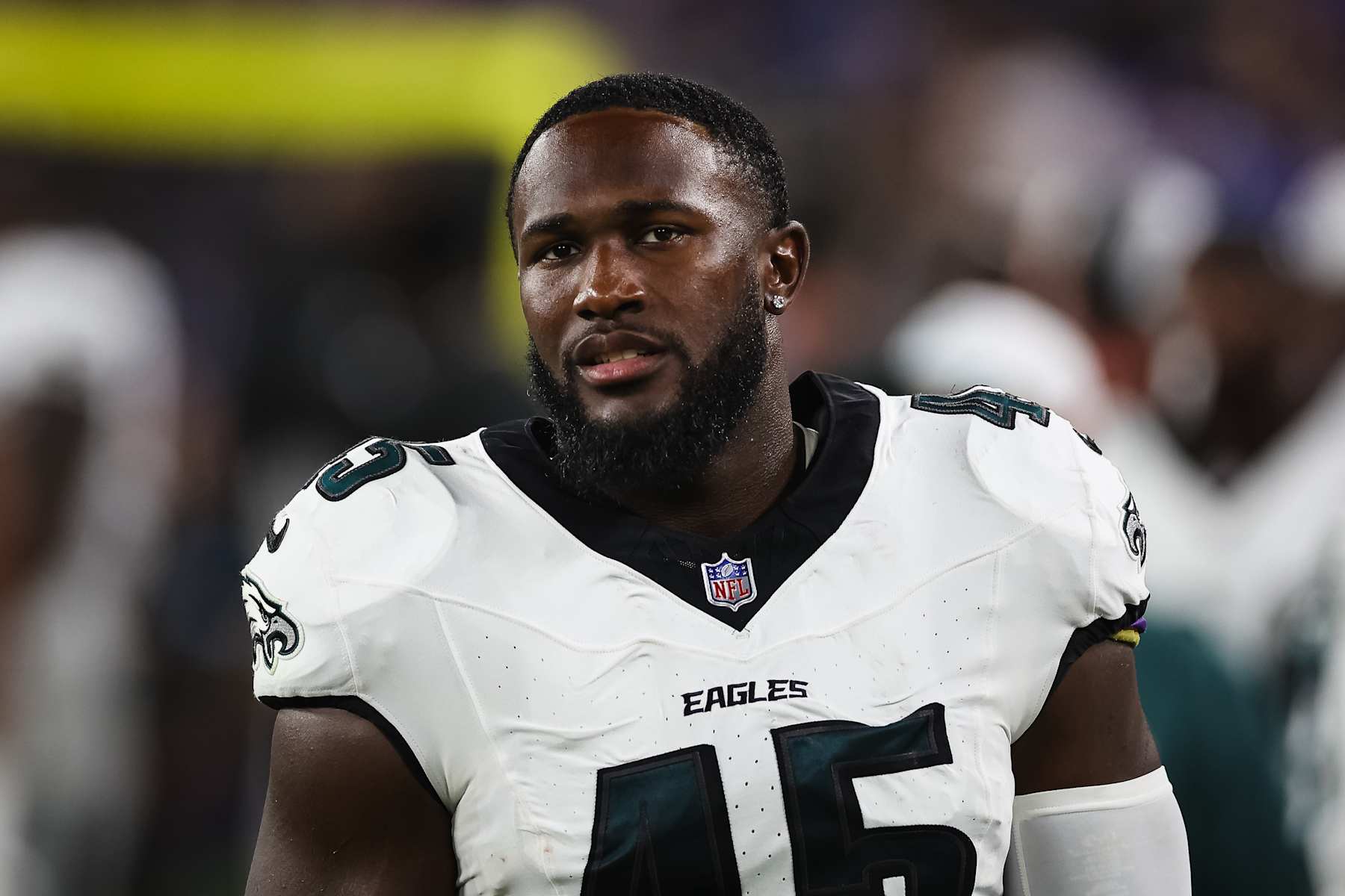 BALTIMORE, MD - AUGUST 09: Devin White #45 of the Philadelphia Eagles looks on against the Baltimore Ravens during the first half of a preseason game at M&T Bank Stadium on August 9, 2024 in Baltimore, Maryland. (Photo by Scott Taetsch/Getty Images)