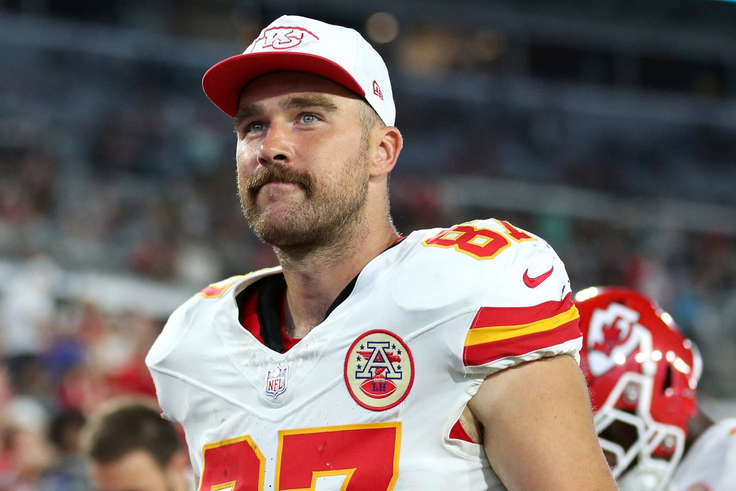 JACKSONVILLE, FLORIDA - AUGUST 10: Travis Kelce #87 of the Kansas City Chiefs leaves the field at halftime during a preseason game against the Jacksonville Jaguars at EverBank Stadium on August 10, 2024 in Jacksonville, Florida. (Photo by Courtney Culbreath/Getty Images)