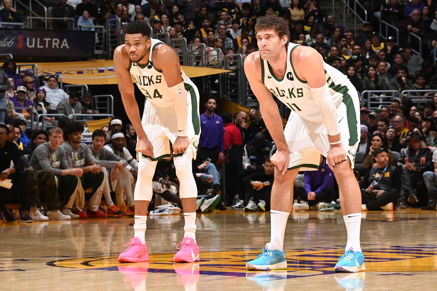 LOS ANGELES, CA - MARCH 8: Giannis Antetokounmpo #34 of the Milwaukee Bucks and Brook Lopez #11 look on during the game against the Los Angeles Lakers on March 8, 2024 at Crypto.Com Arena in Los Angeles, California. NOTE TO USER: User expressly acknowledges and agrees that, by downloading and/or using this Photograph, user is consenting to the terms and conditions of the Getty Images License Agreement. Mandatory Copyright Notice: Copyright 2024 NBAE (Photo by Andrew D. Bernstein/NBAE via Getty Images)