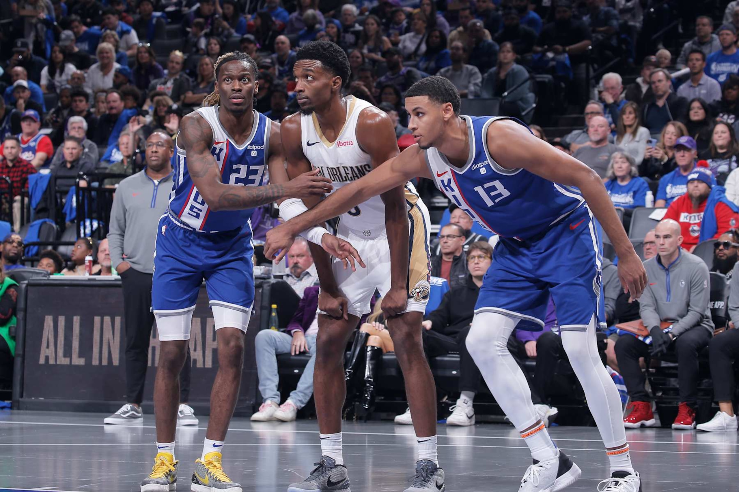 SACRAMENTO, CA - DECEMBER 4: Herbert Jones #5 of the New Orleans Pelicans, Keegan Murray #13 and Keon Ellis #23 of the Sacramento Kings wait for the rebound during the game during the In-Season Tournament on December 4, 2023 at Golden 1 Center in Sacramento, California. NOTE TO USER: User expressly acknowledges and agrees that, by downloading and or using this photograph, User is consenting to the terms and conditions of the Getty Images Agreement. Mandatory Copyright Notice: Copyright 2023 NBAE (Photo by Rocky Widner/NBAE via Getty Images) SACRAMENTO, CA - DECEMBER 4: Herbert Jones #5 of the New Orleans Pelicans, Keegan Murray #13 and Keon Ellis #23 of the Sacramento Kings wait for the rebound during the game during the In-Season Tournament on December 4, 2023 at Golden 1 Center in Sacramento, California. NOTE TO USER: User expressly acknowledges and agrees that, by downloading and or using this photograph, User is consenting to the terms and conditions of the Getty Images Agreement. Mandatory Copyright Notice: Copyright 2023 NBAE (Photo by Rocky Widner/NBAE via Getty Images)