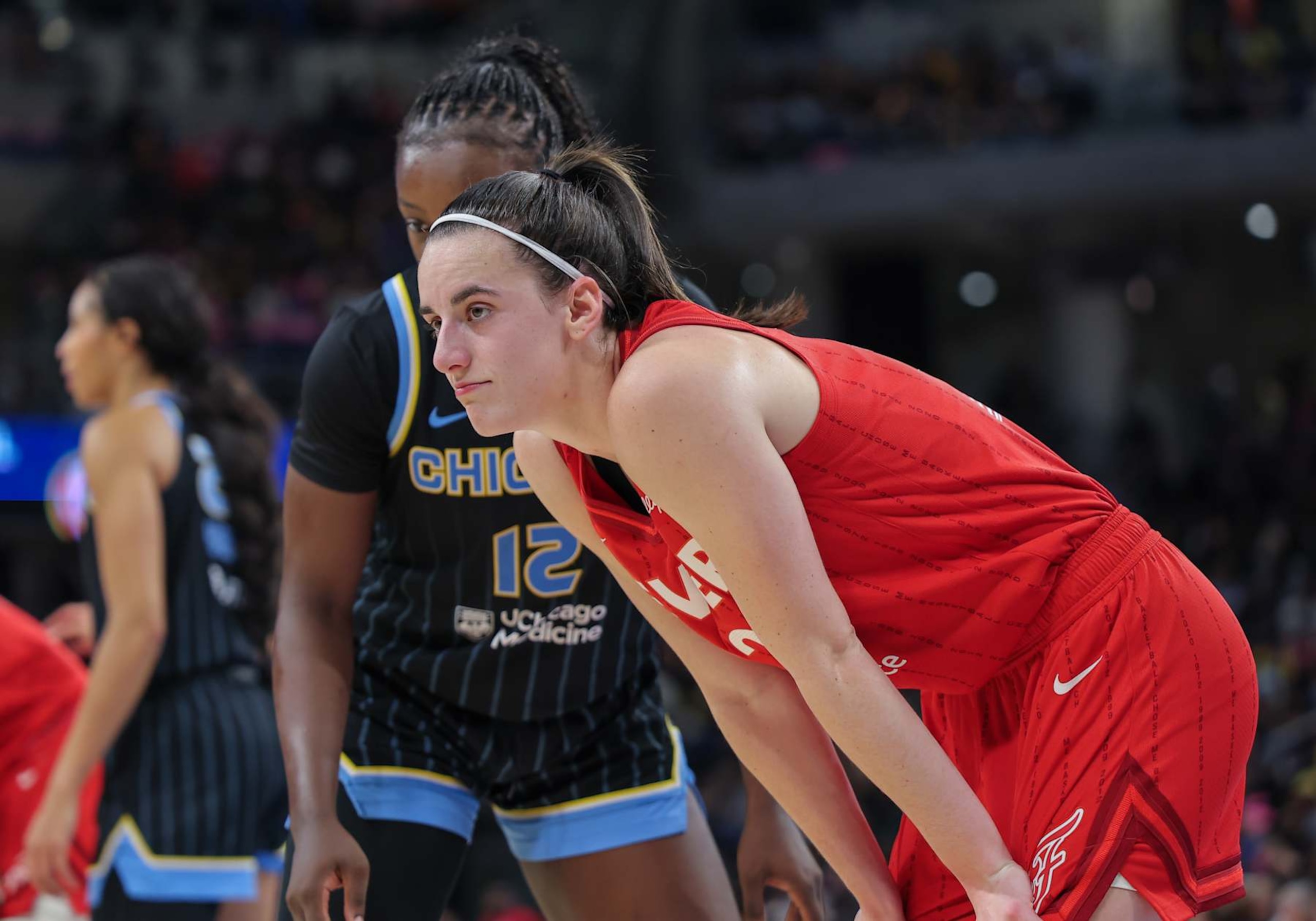 CHICAGO, IL - AUGUST 30: Caitlin Clark #22 of the Indiana Fever looks on during the first half of a WNBA game against the Chicago Sky on August 30, 2024 at Wintrust Arena in Chicago, Illinois. (Photo by Melissa Tamez/Icon Sportswire via Getty Images)